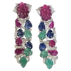 Hand carved Tourmaline, Emerald, Ruby, Blue Sapphires & Diamonds Dangle Earrings