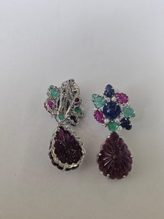 Hand - carved Tourmalines, Emeralds, Blue Sapphires, Rubies & Diamonds Earrings