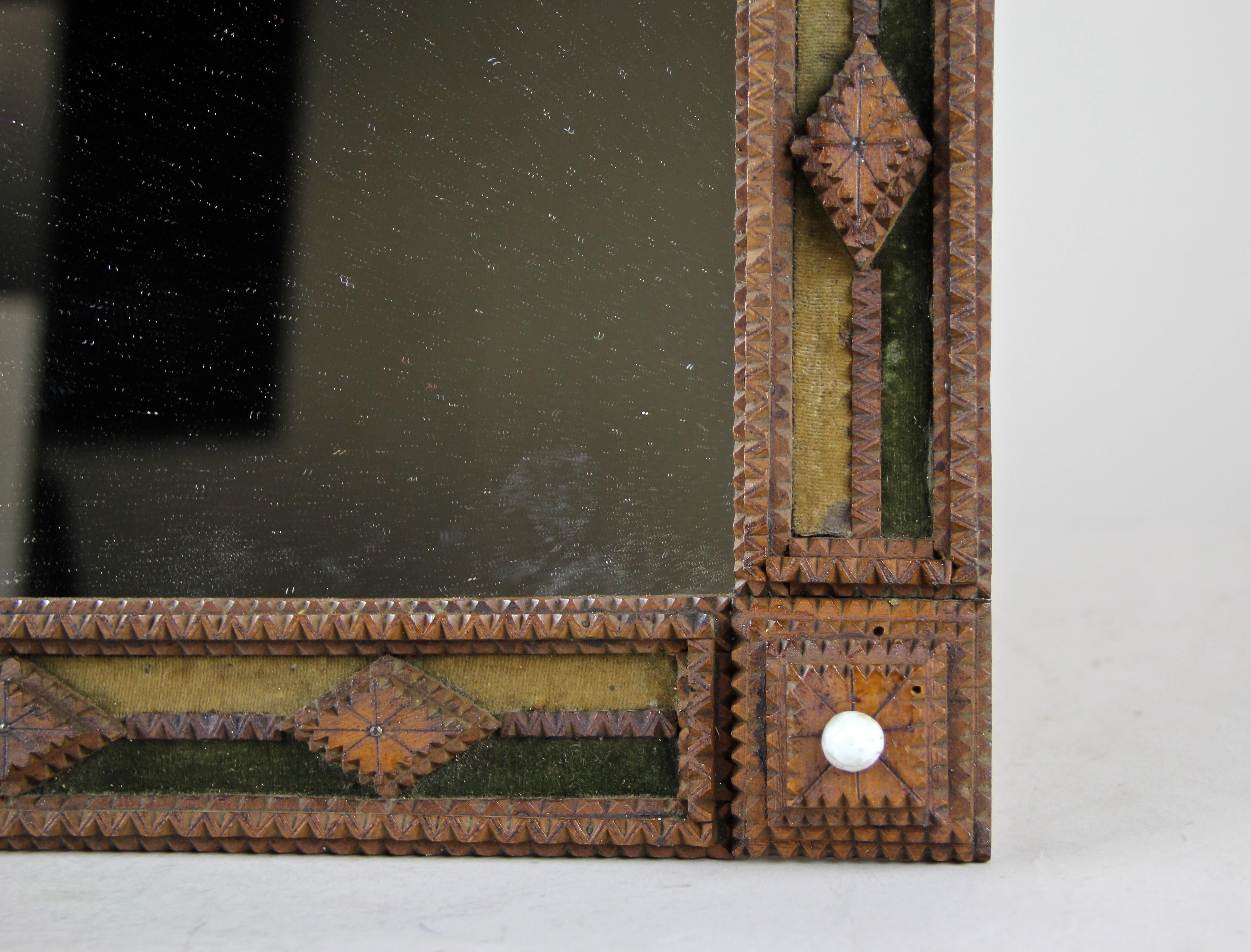 19th Century Hand Carved Tramp Art Mirror Basswood, Austria, circa 1870