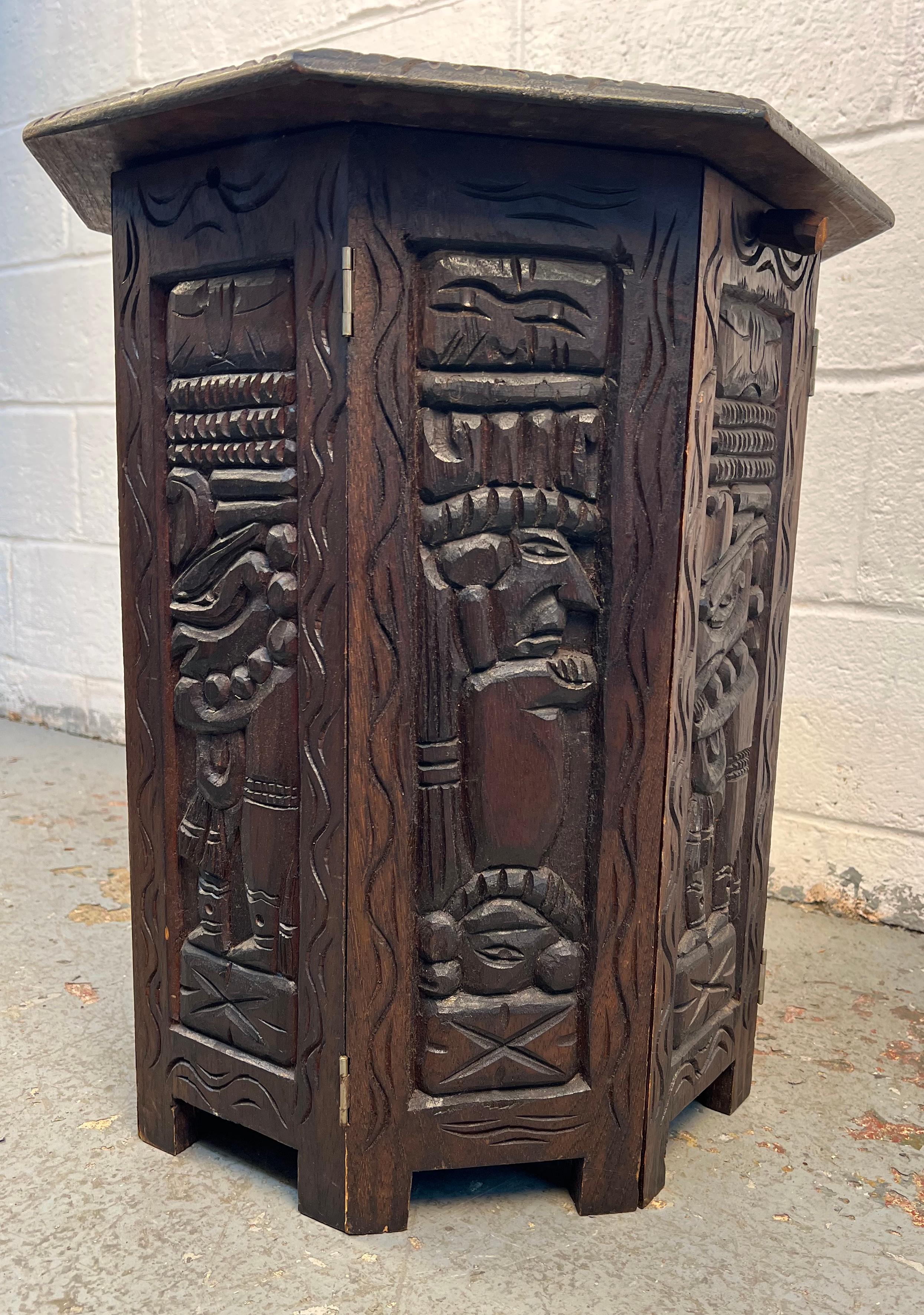 Hand Carved Tribal Octagonal Accent Table For Sale 6