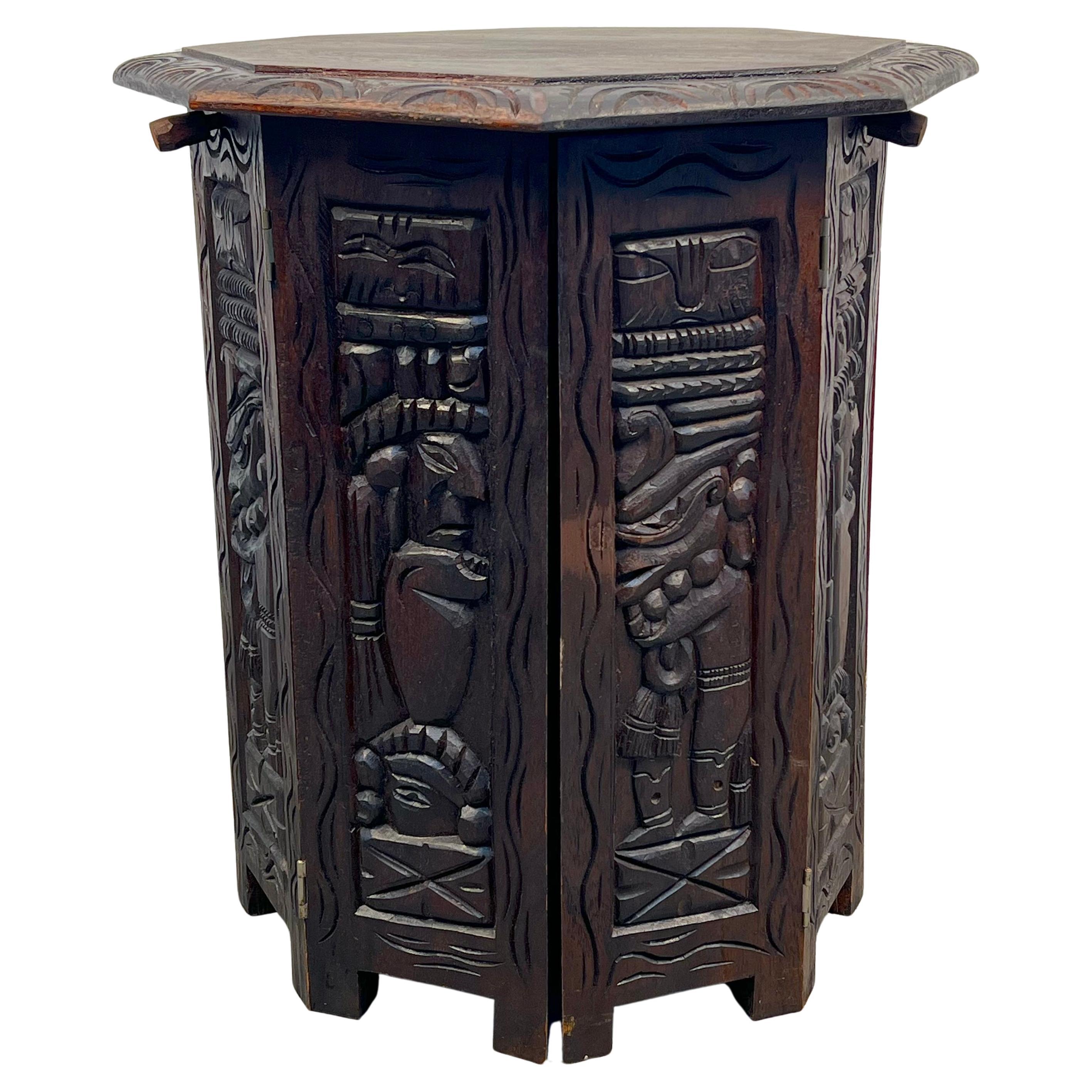 Hand Carved Tribal Octagonal Accent Table For Sale
