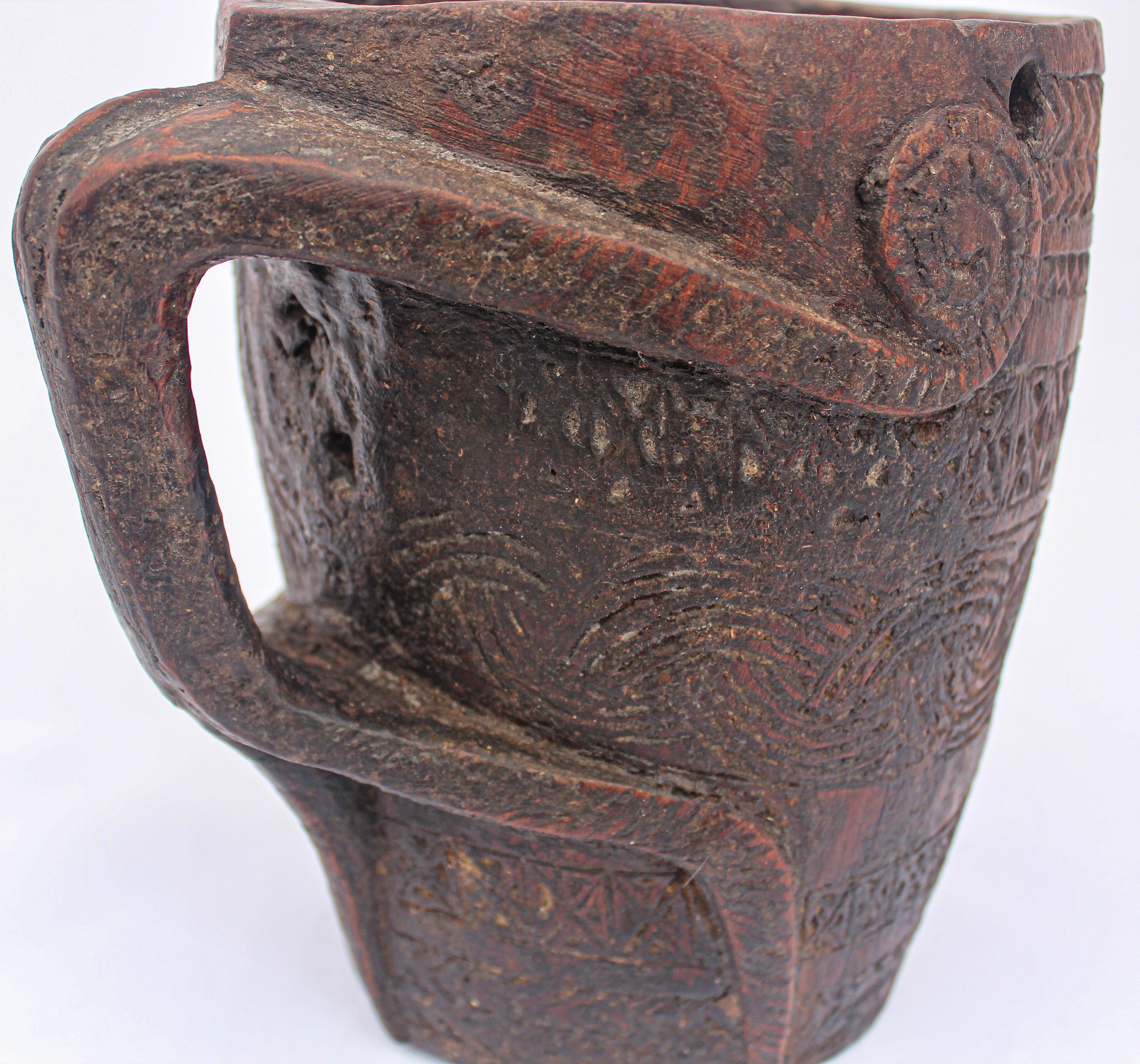 Hand Carved Tribal Wooden Nepalese Beaker Milk Pot with Handle For Sale 4