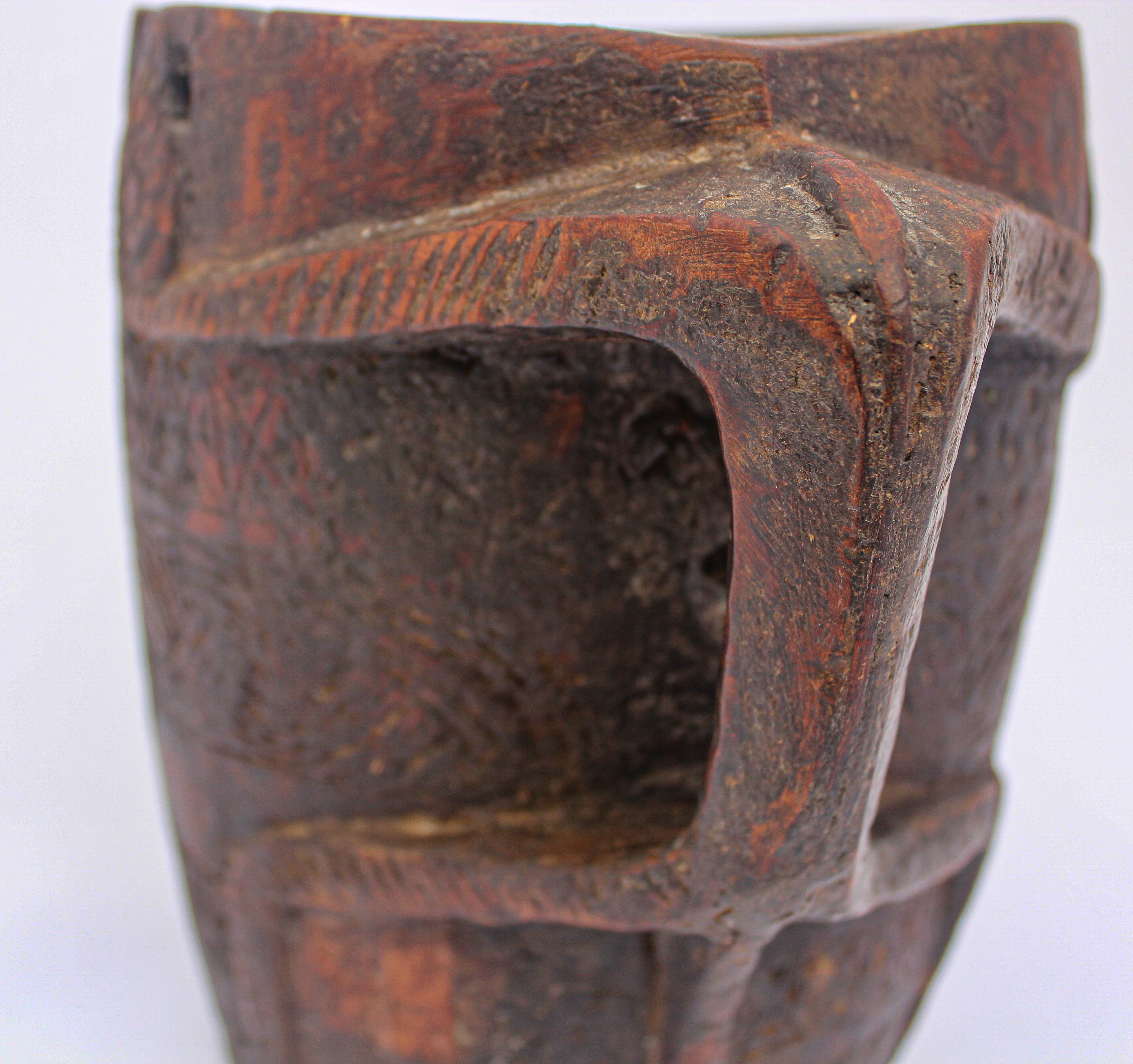 Hand Carved Tribal Wooden Nepalese Beaker Milk Pot with Handle For Sale 5