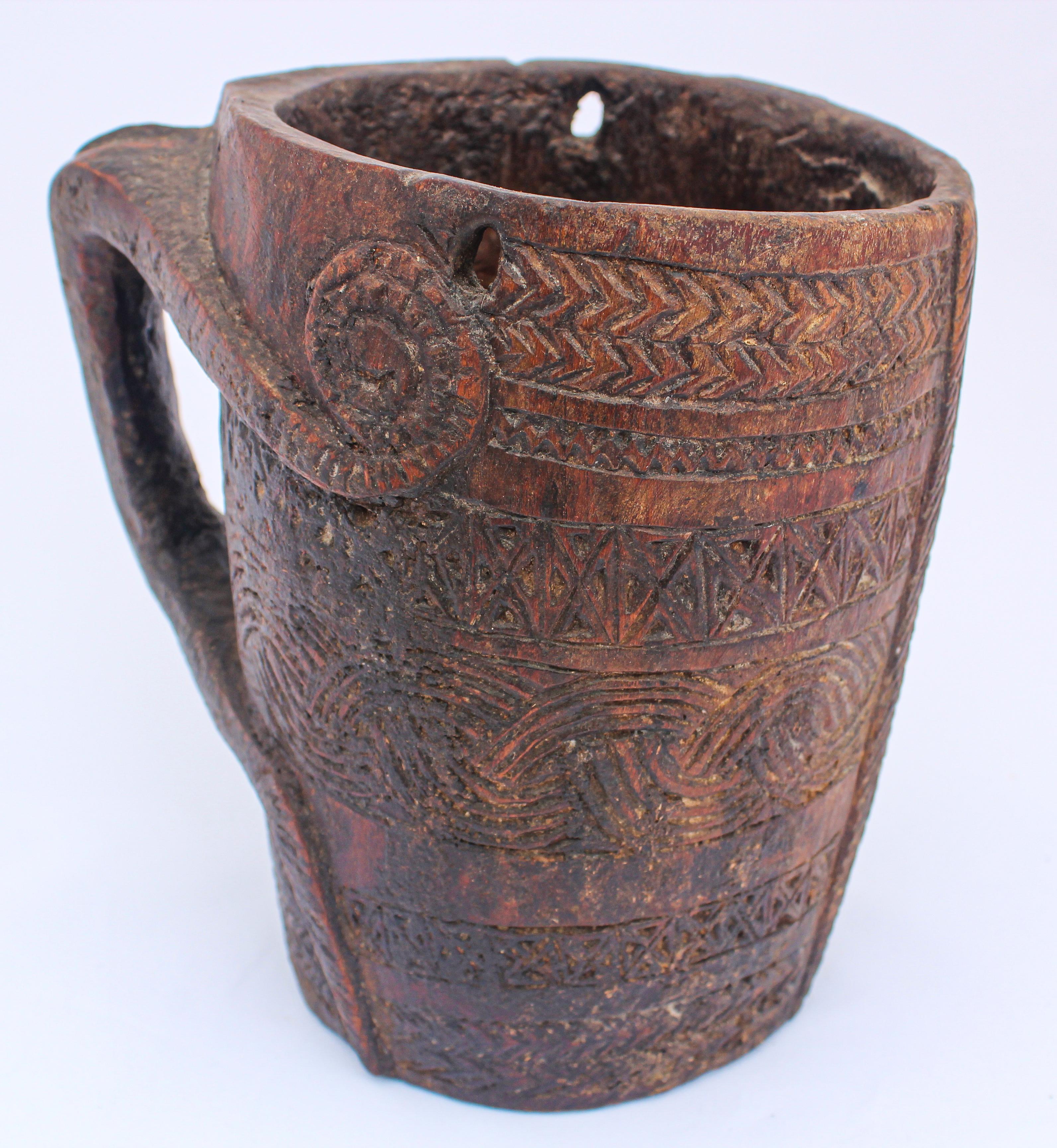 Folk Art Hand Carved Tribal Wooden Nepalese Beaker Milk Pot with Handle For Sale