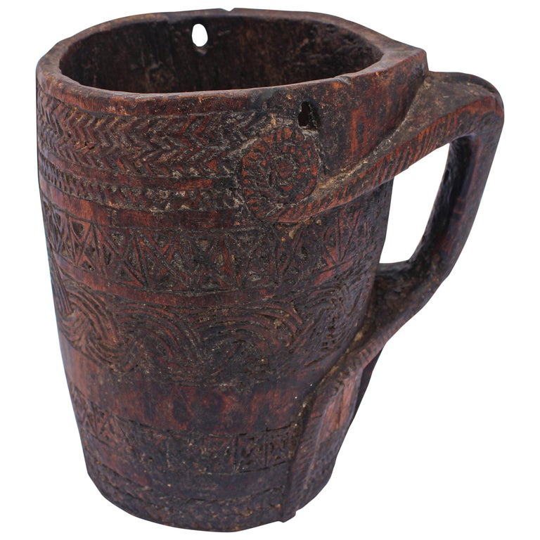 Hand Carved Tribal Wooden Nepalese Beaker Milk Pot with Handle For Sale