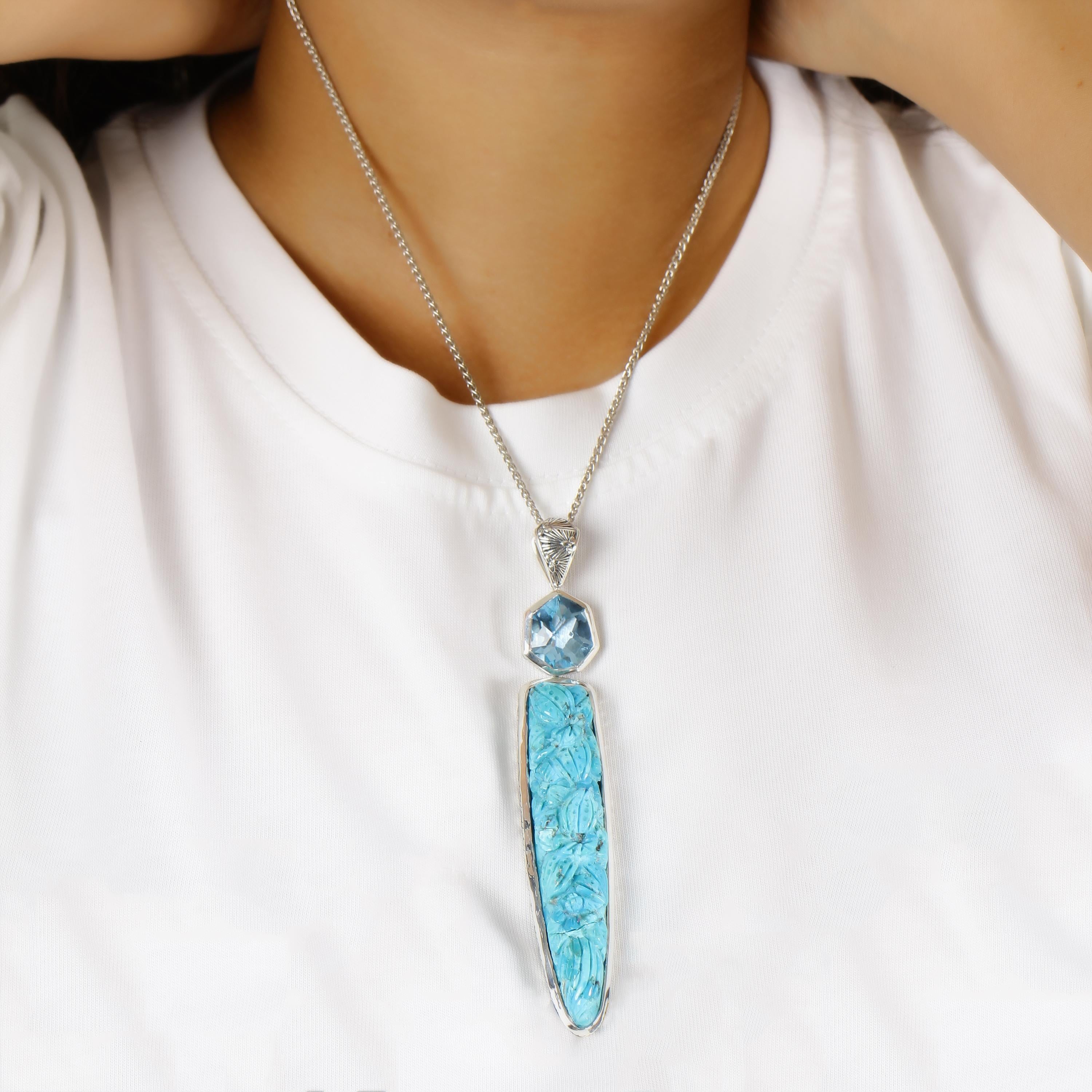 Art Nouveau Hand Carved Turquoise and Faceted Blue Topaz Pendant in Sterling Silver For Sale