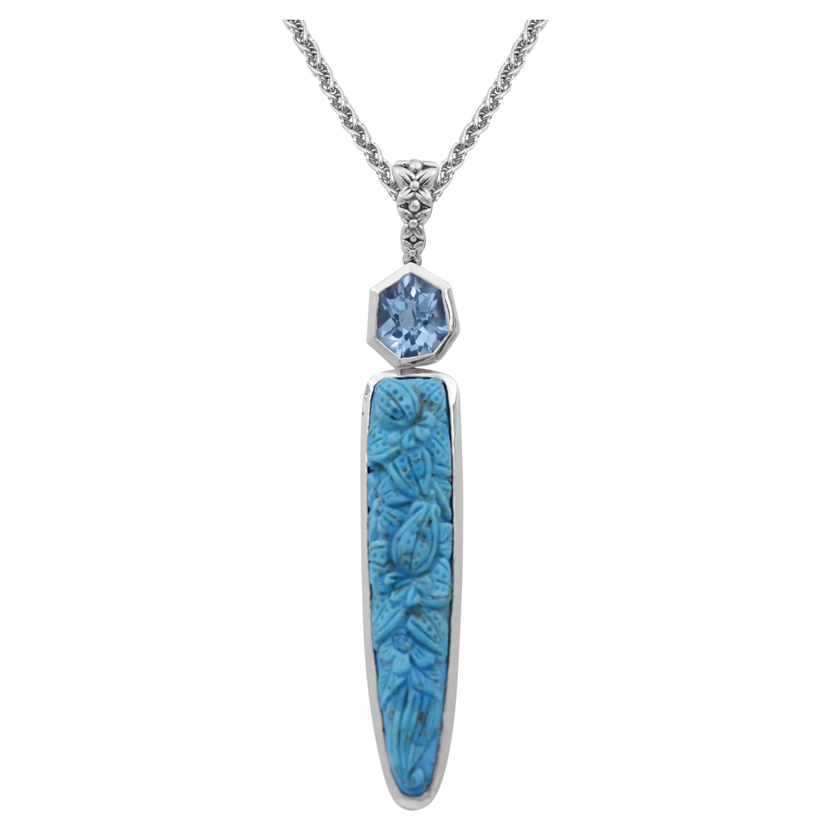 Hand Carved Turquoise and Faceted Blue Topaz Pendant in Sterling Silver For Sale