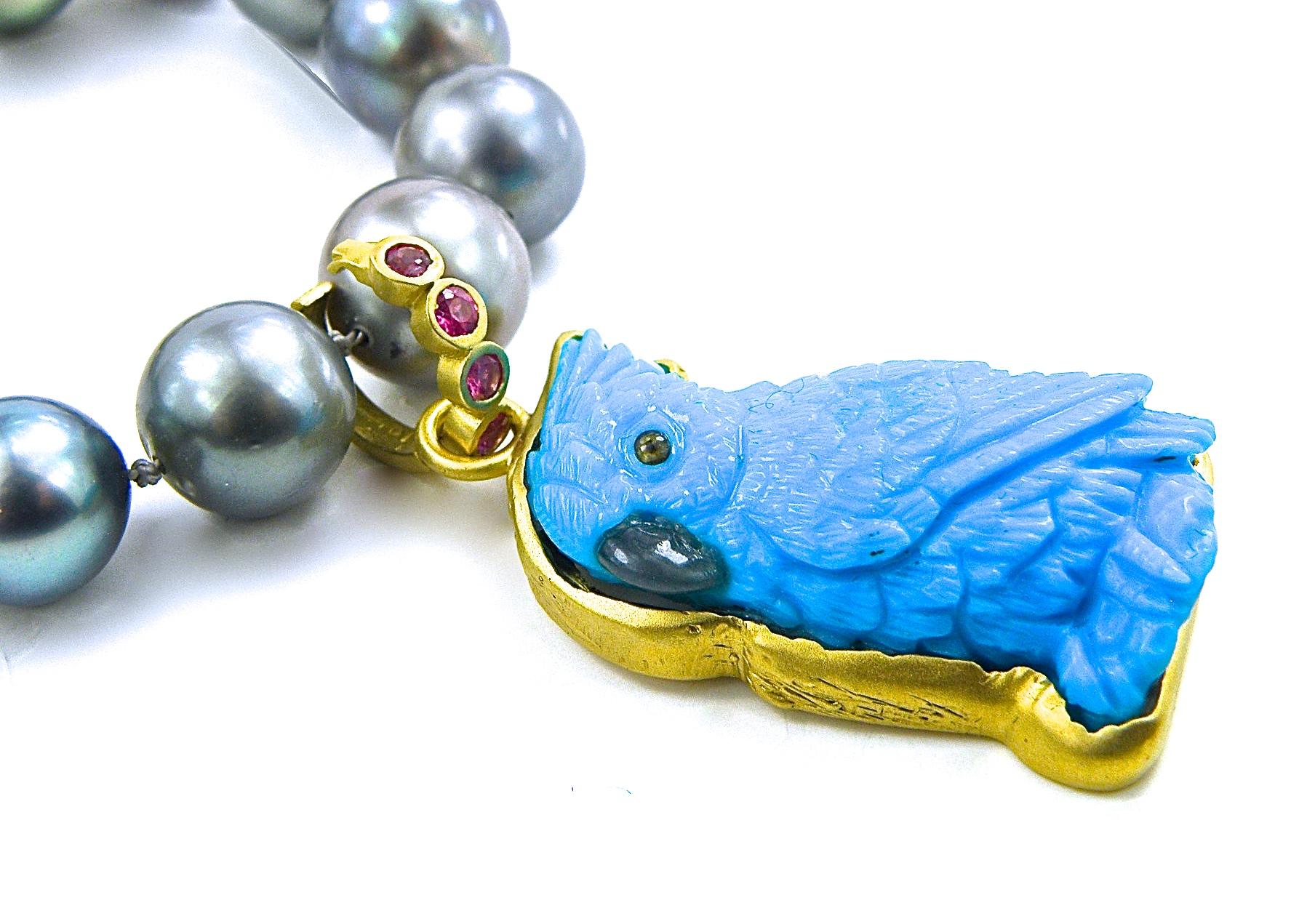 Contemporary Hand-Carved Turquoise Gold Parrot