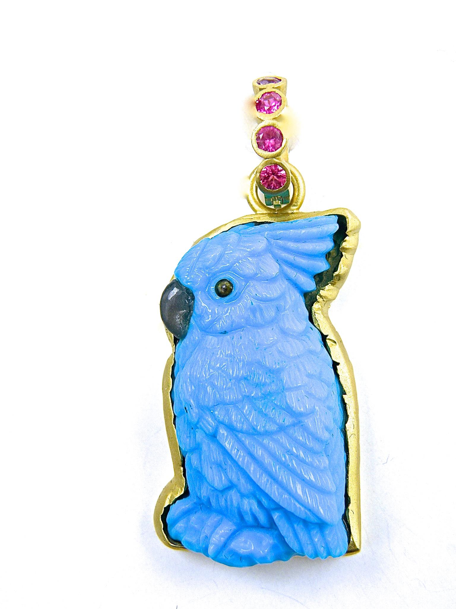 Women's or Men's Hand-Carved Turquoise Gold Parrot