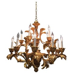 Hand-Carved Twelve-Light Chandelier in Gold Gilt Finish, Renaissance Collection