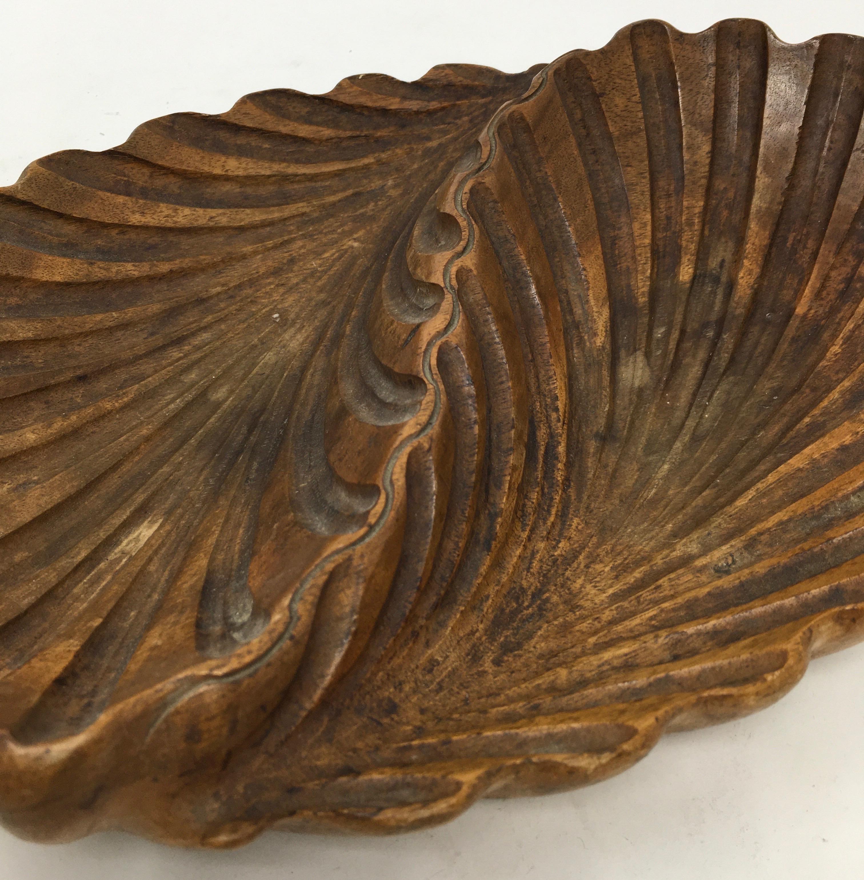 French Hand Carved Two Leaf Wooden Bowl