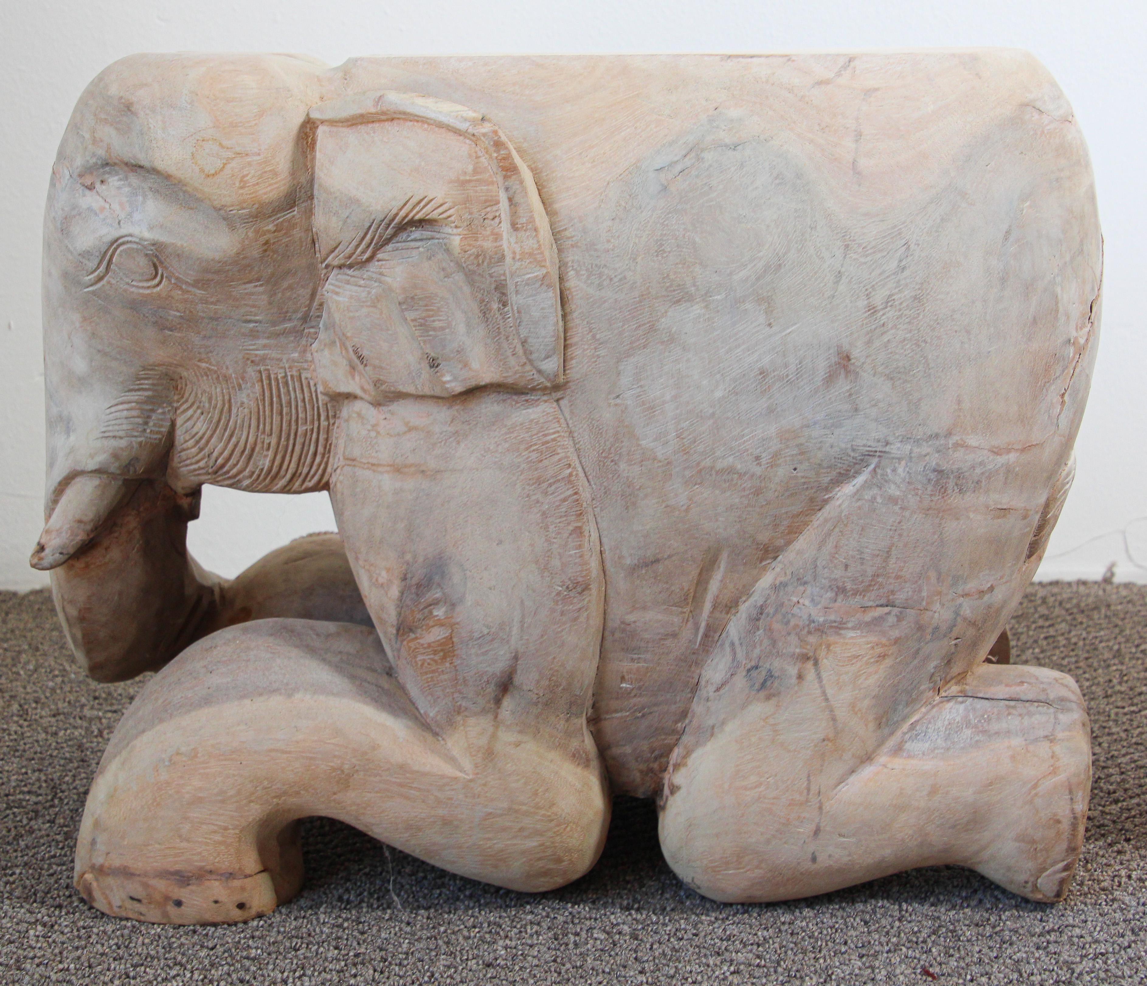 Hand-Carved Vintage Asian Elephant Wooden Side Table Stools For Sale 4