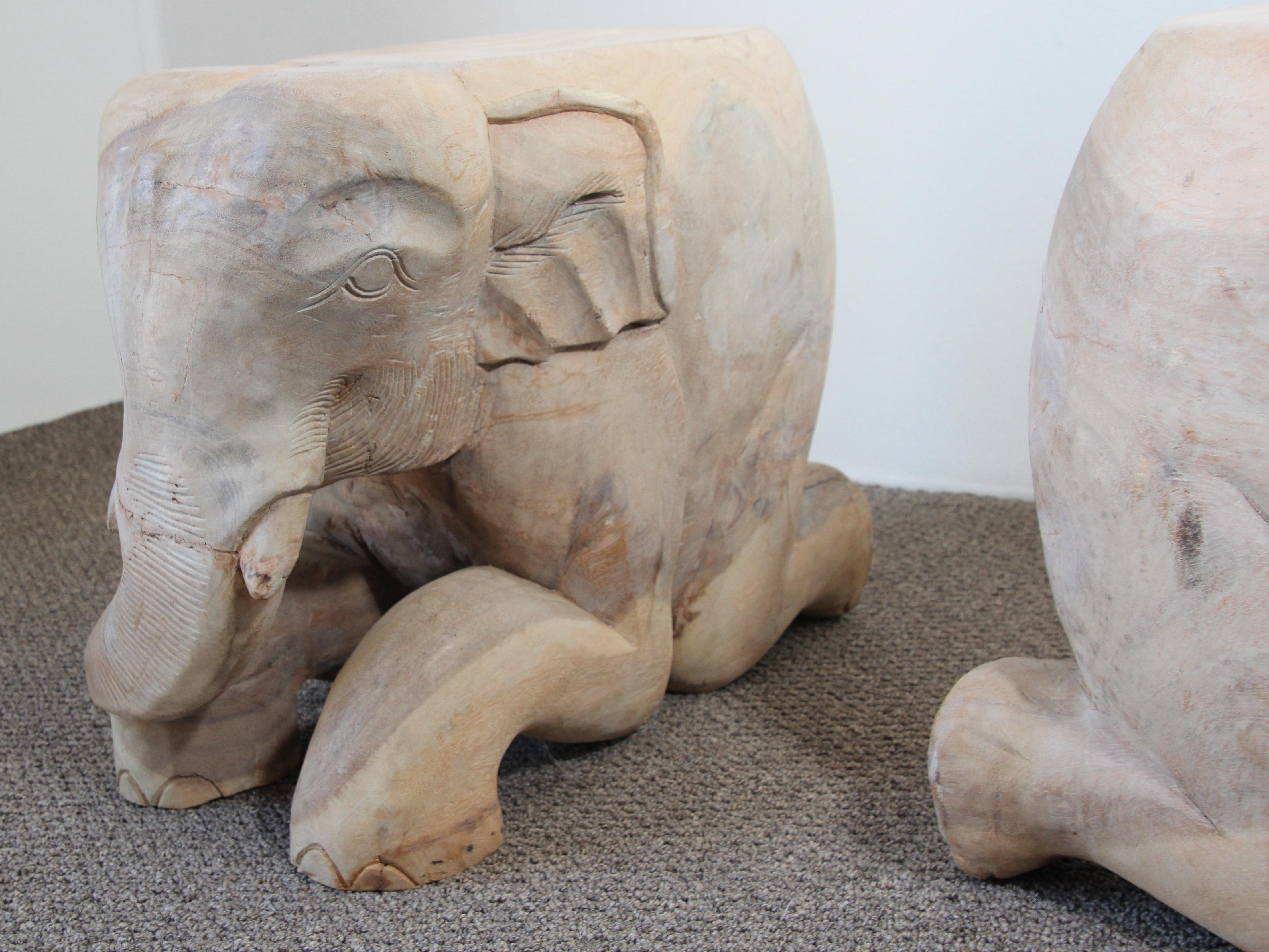Hand-Carved Vintage Asian Elephant Wooden Side Table Stools 6