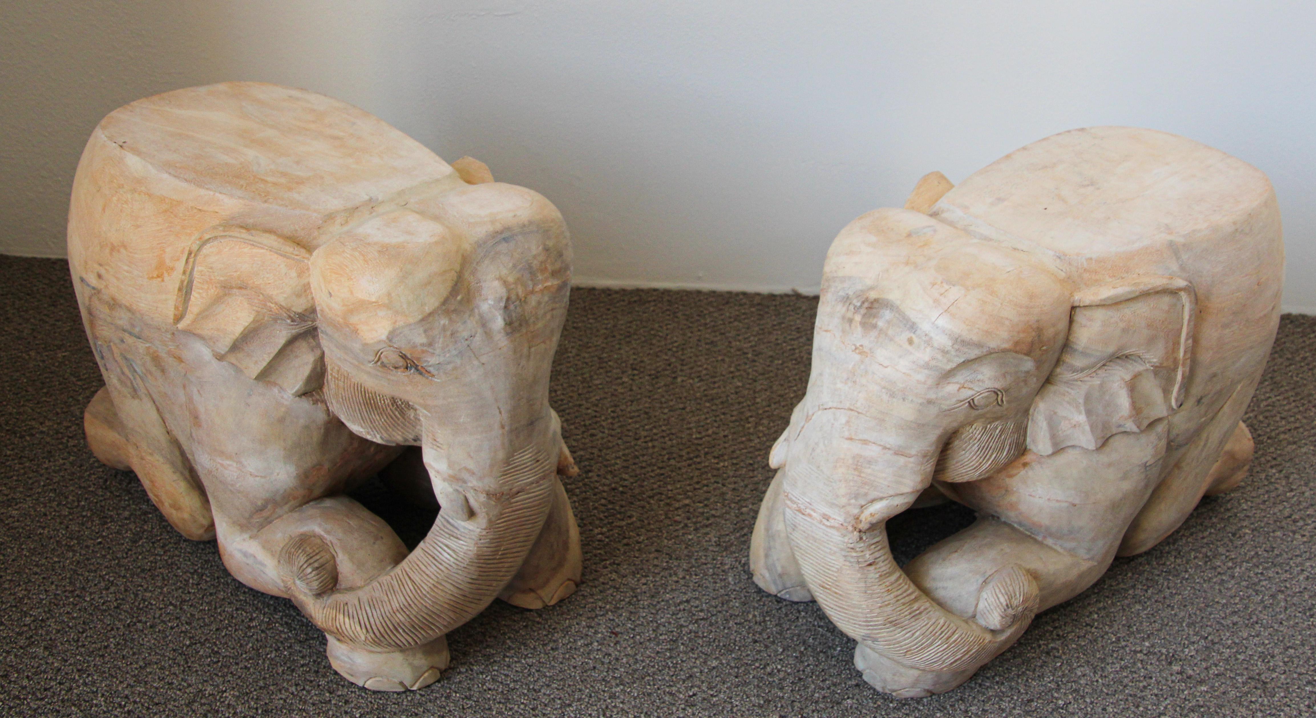 Hand-Carved Vintage Asian Elephant Wooden Side Table Stools For Sale 10