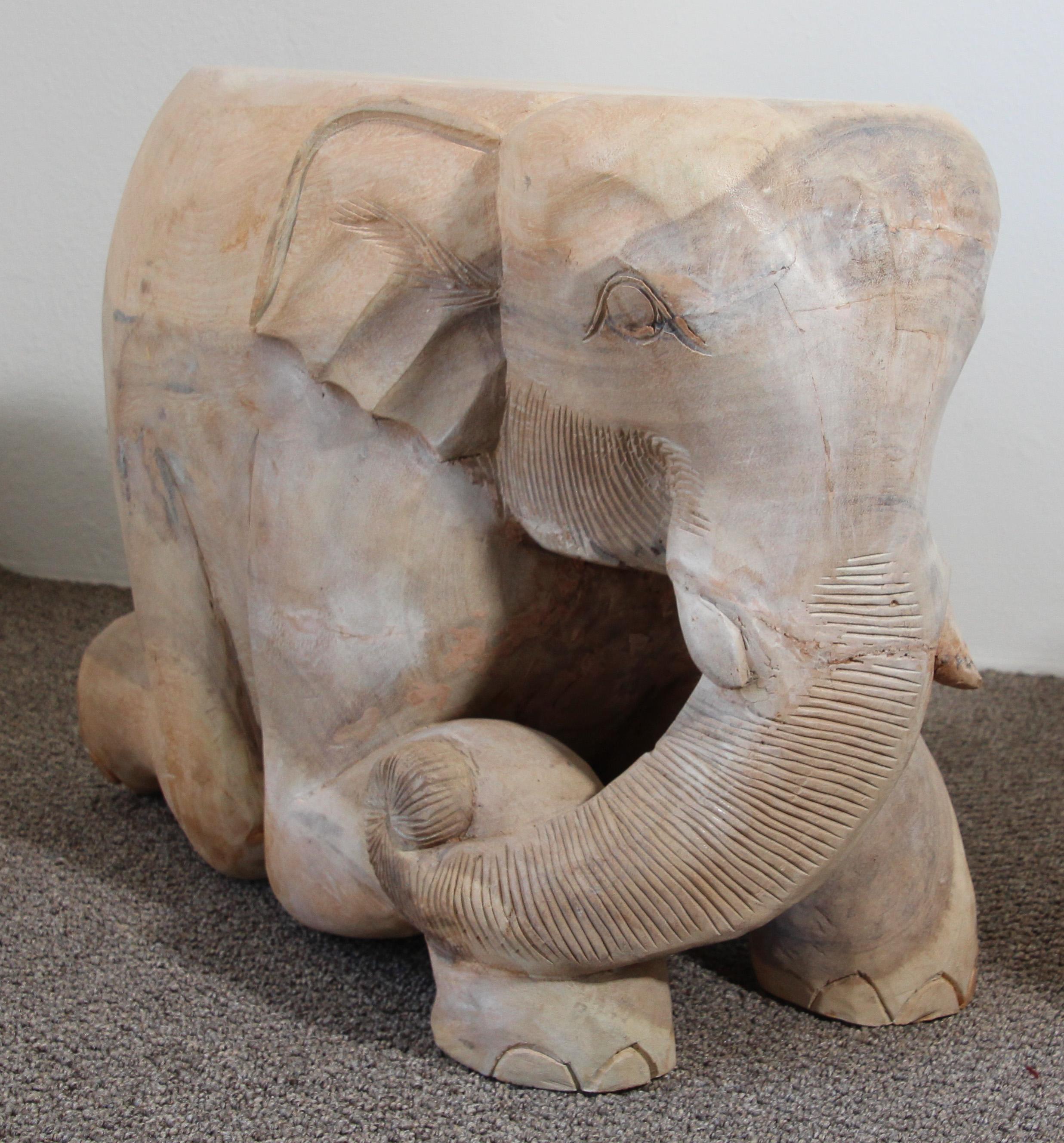 Hand-Carved Vintage Asian Elephant Wooden Side Table Stools For Sale 11