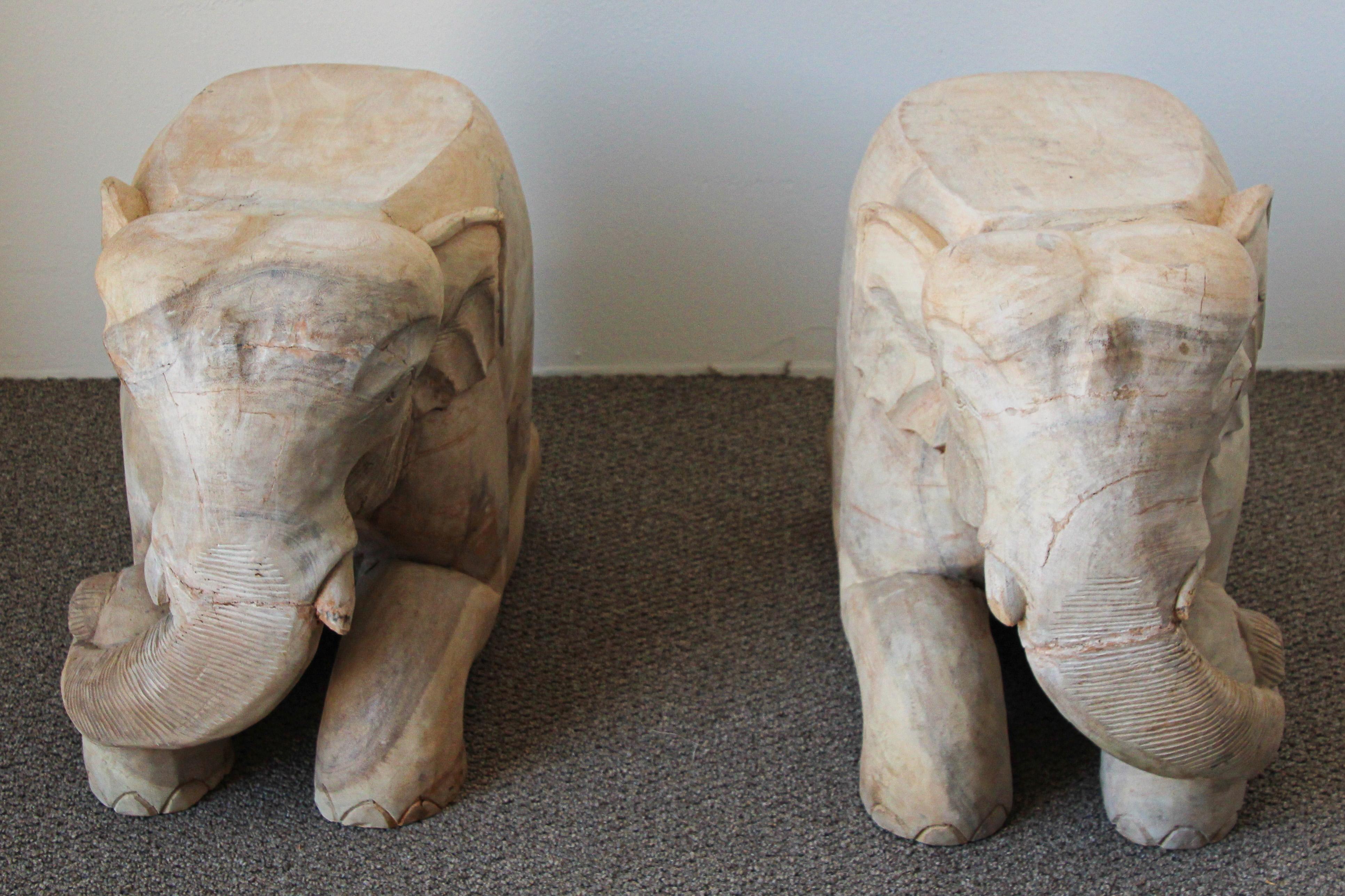 Tribal Hand-Carved Vintage Asian Elephant Wooden Side Table Stools For Sale
