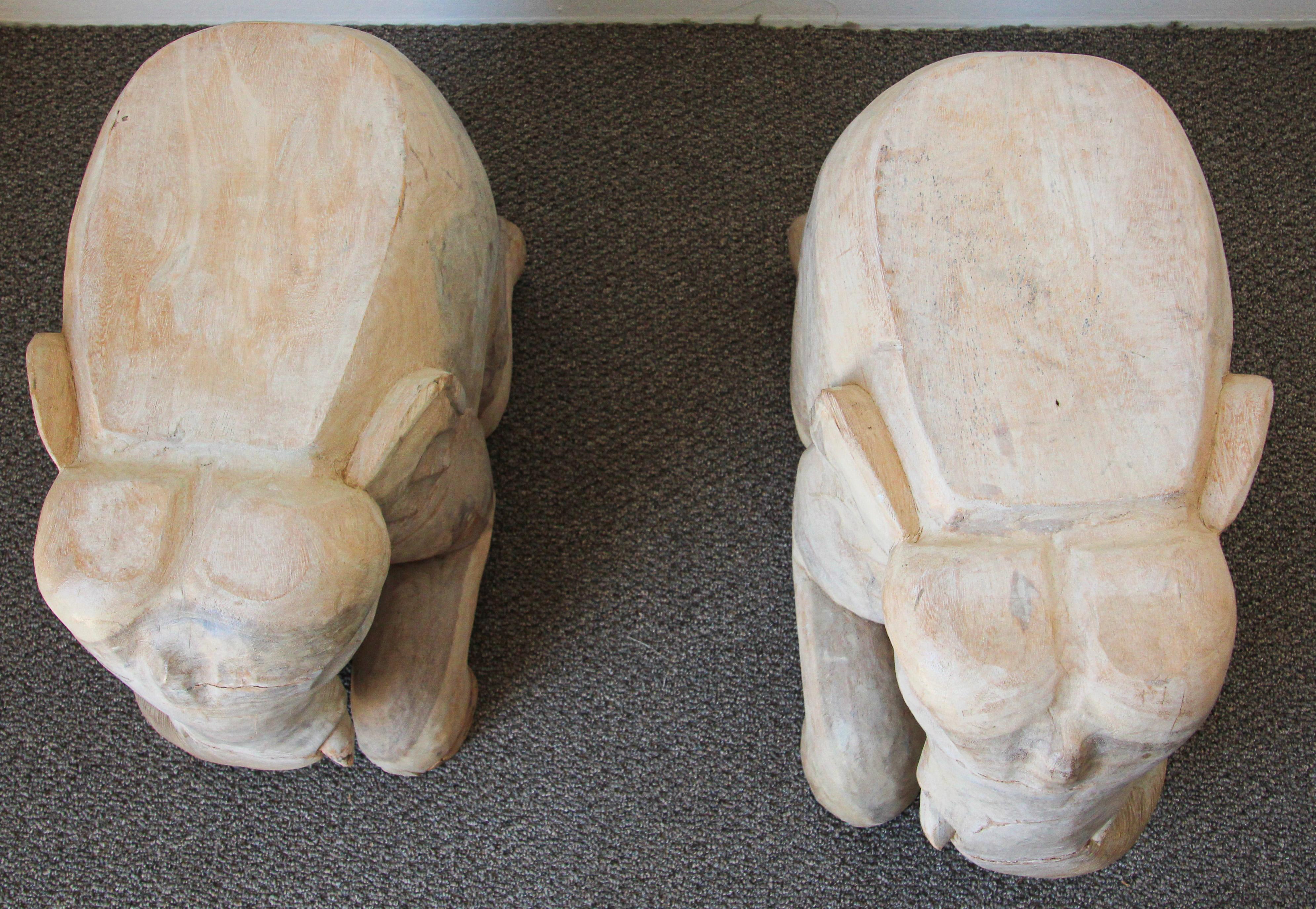 Thai Hand-Carved Vintage Asian Elephant Wooden Side Table Stools For Sale