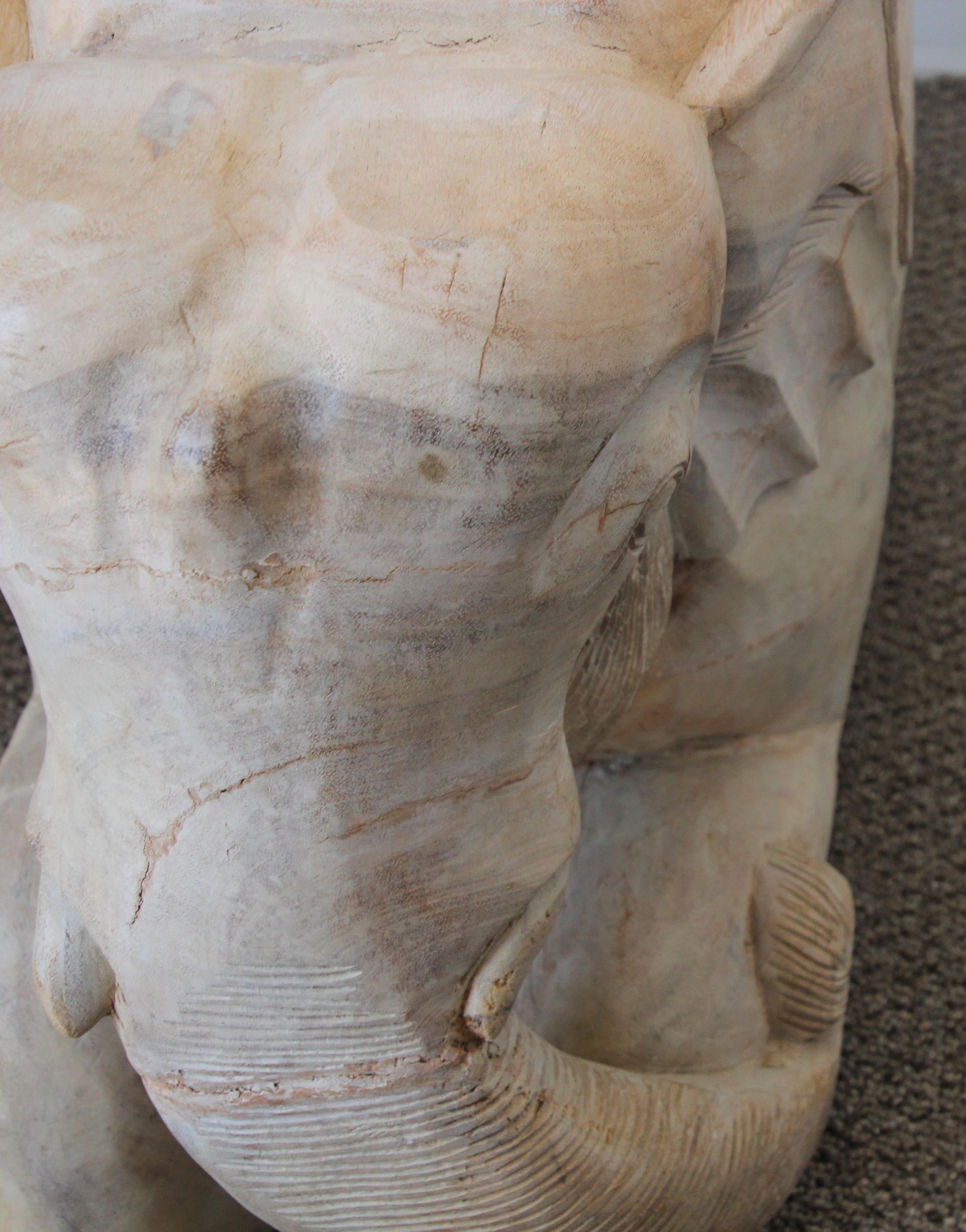 Hand-Carved Vintage Asian Elephant Wooden Side Table Stools In Good Condition In North Hollywood, CA
