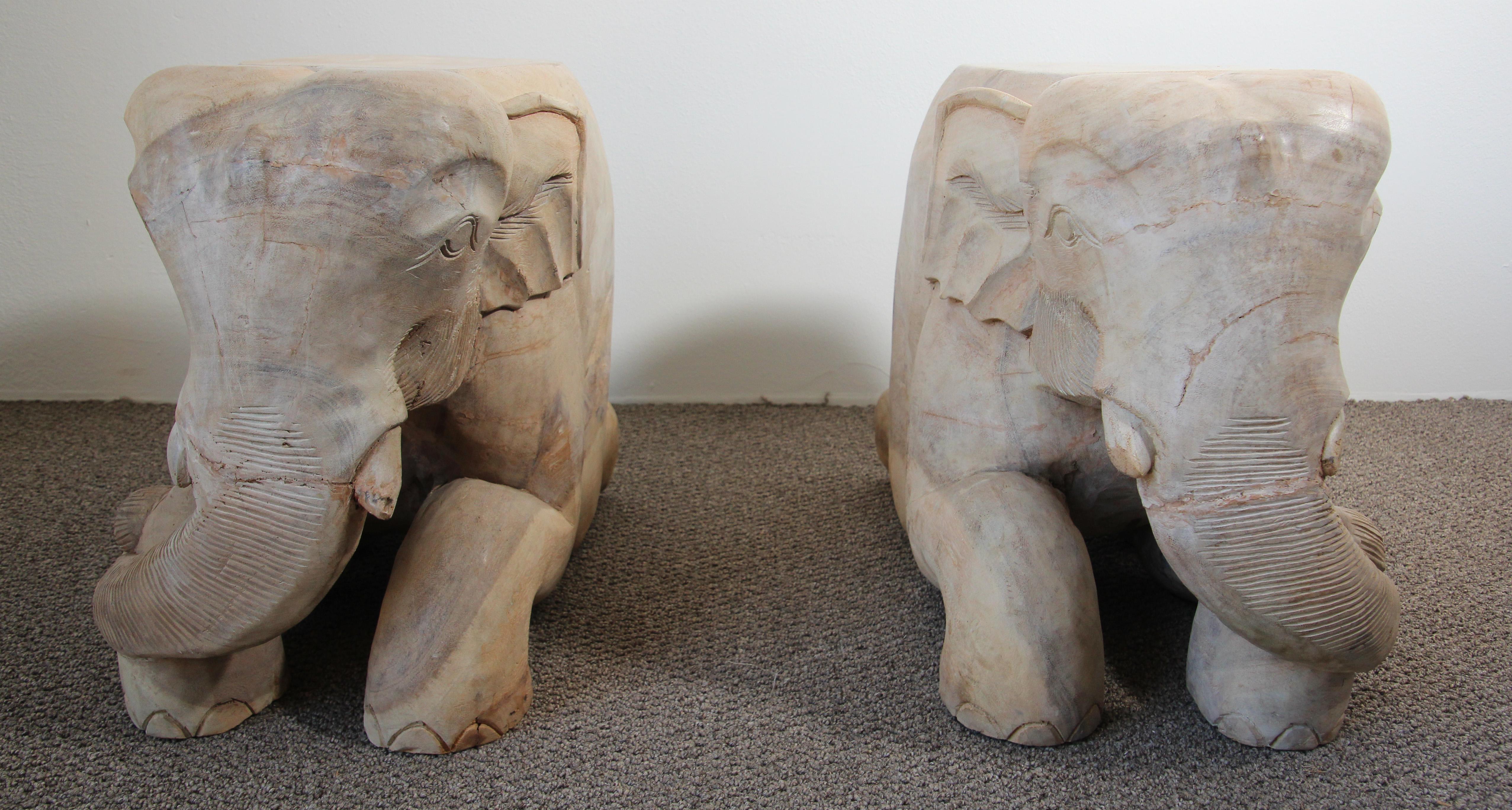 20th Century Hand-Carved Vintage Asian Elephant Wooden Side Table Stools For Sale