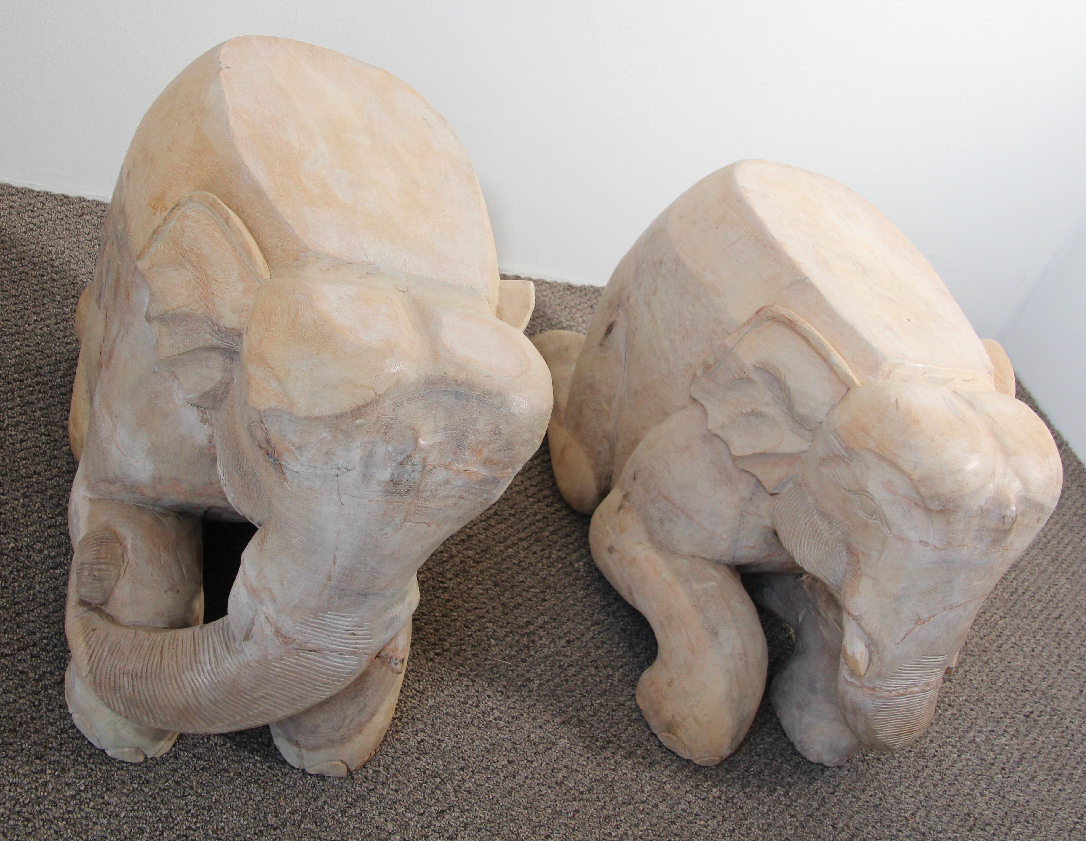 Hand-Carved Vintage Asian Elephant Wooden Side Table Stools For Sale 1