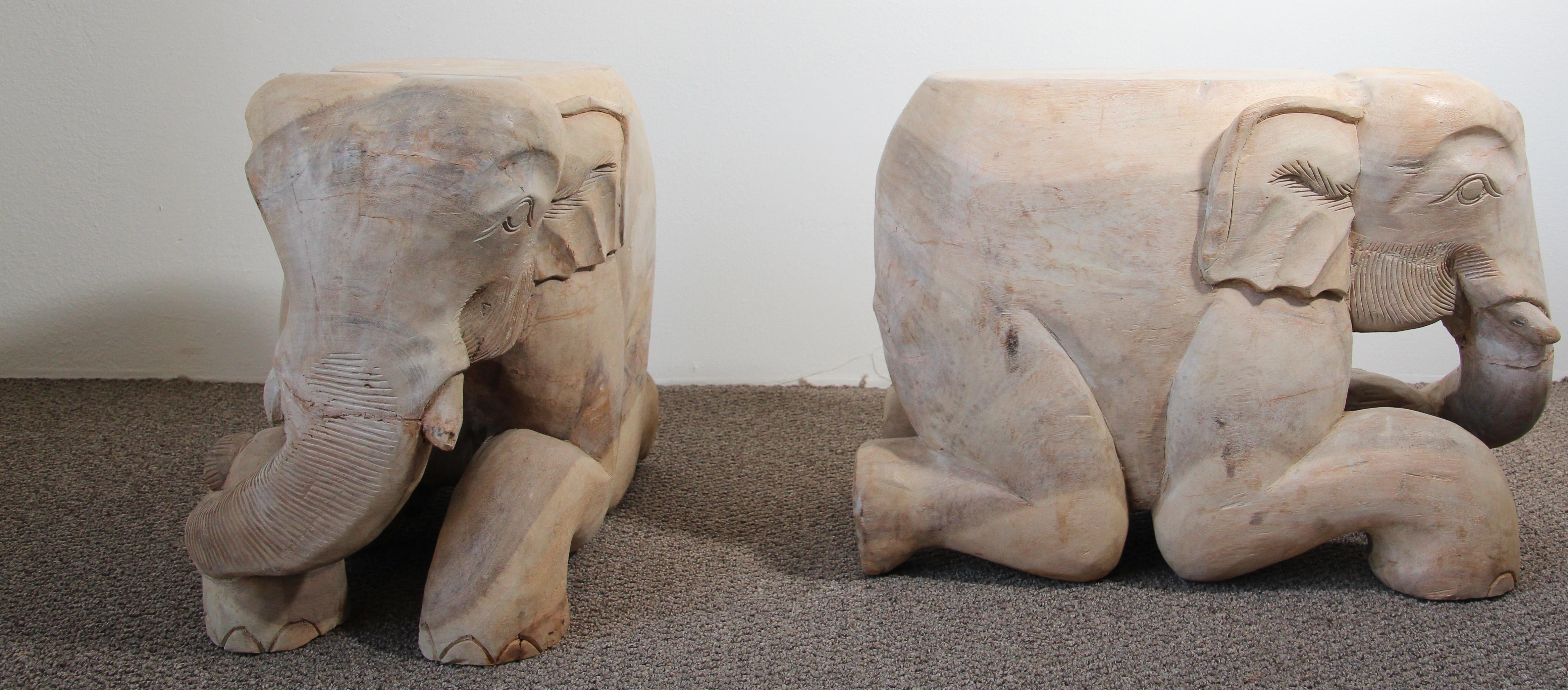 Hand-Carved Vintage Asian Elephant Wooden Side Table Stools 2