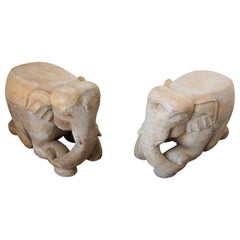 Hand-Carved Vintage Asian Elephant Wooden Side Table Stools