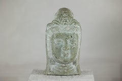Hand-Carved Vintage Chinese Stone Quán Yīn Head Sculpture with Natural Patina