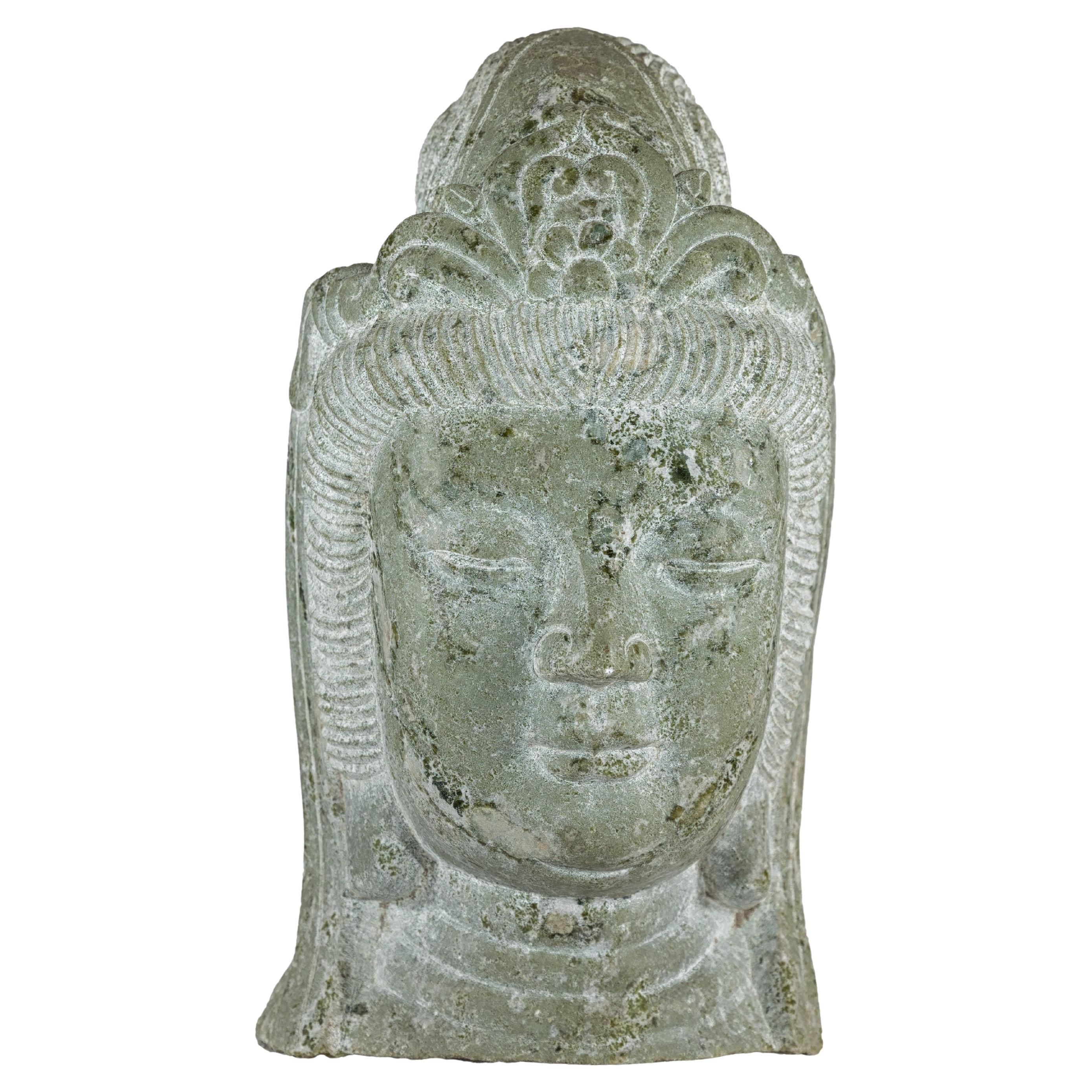 Hand-Carved Vintage Chinese Stone Quán Yīn Head Sculpture with Natural Patina