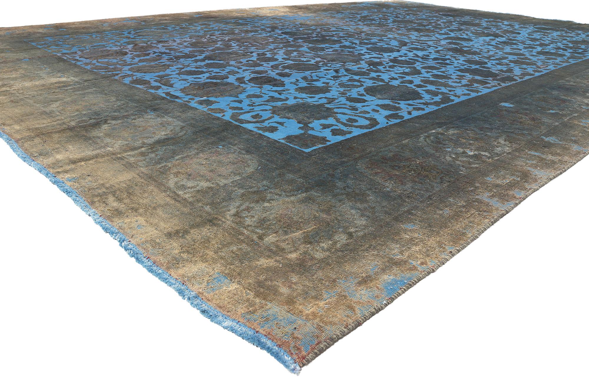 78579 Vintage Persian Blue Overdyed Rug, 13'00 x 18'08. 
Vintage charm meets eclectic modern flair in this hand-carved vintage Persian overdyed rug. The decorative pattern and vibrant hues infused into this piece work together creating a