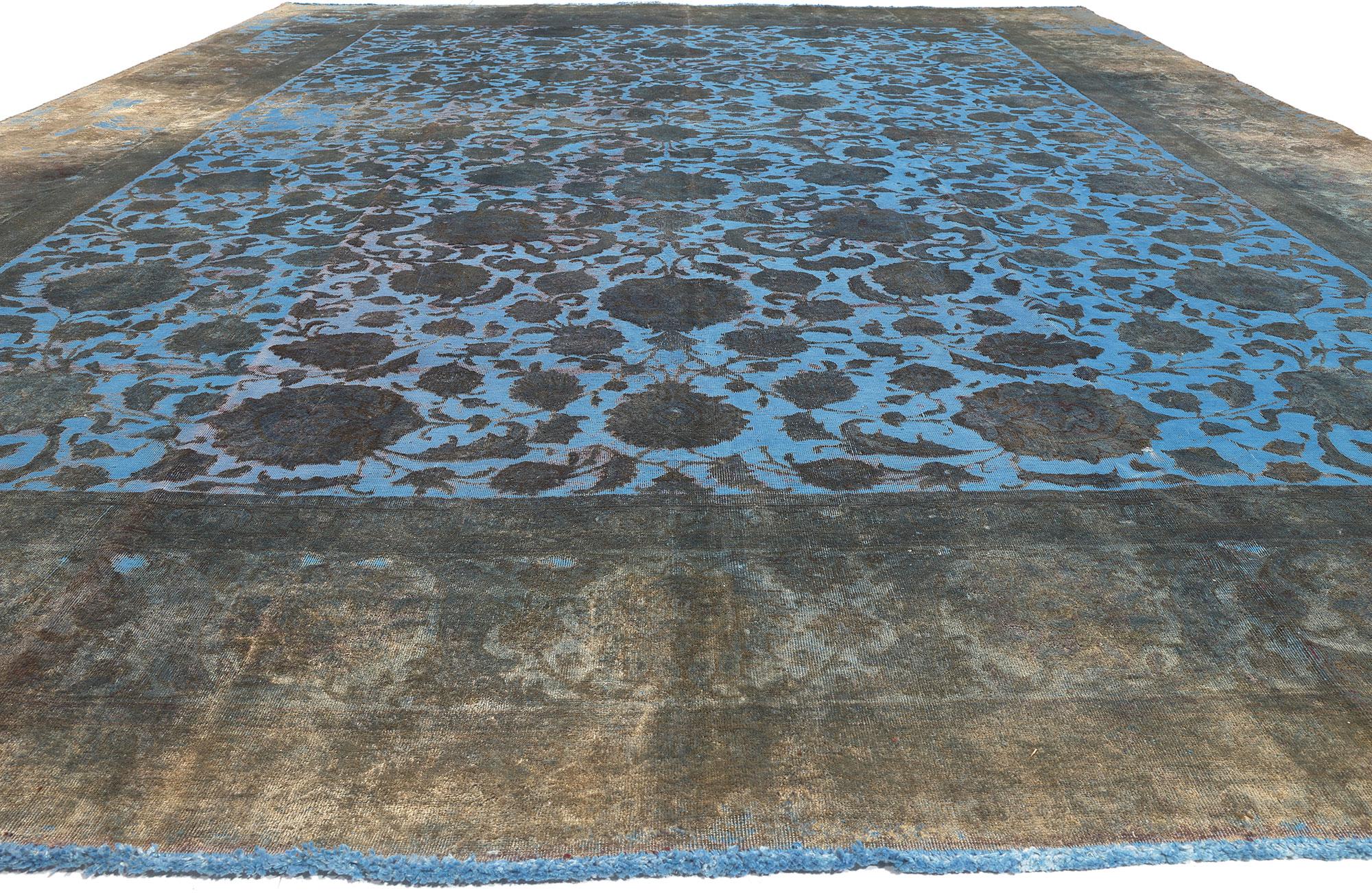 Kashan Hand-Carved Vintage Persian Blue Overdyed Rug with Eclectic Modern Charm For Sale