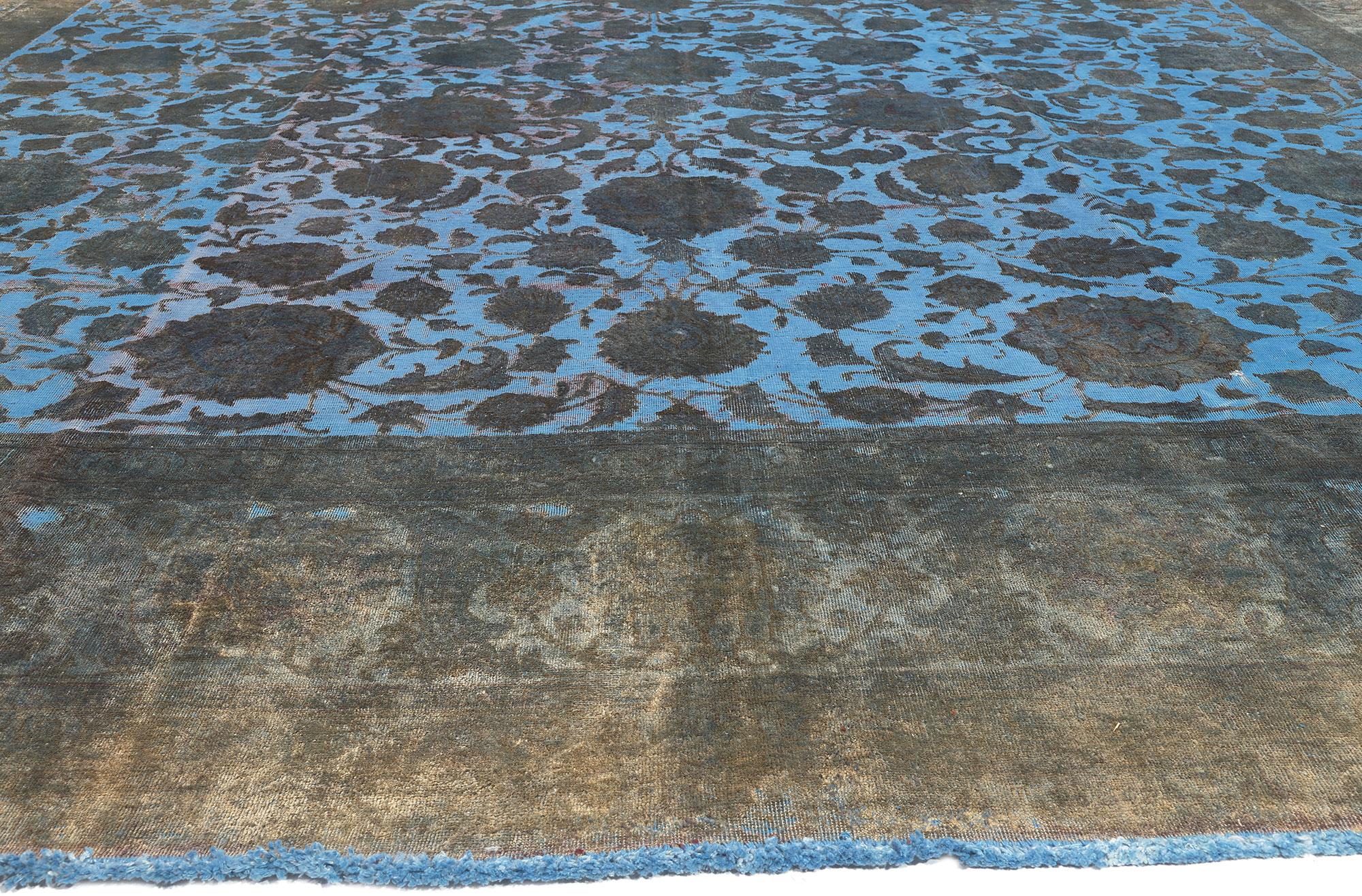 Hand-Knotted Hand-Carved Vintage Persian Blue Overdyed Rug with Eclectic Modern Charm For Sale