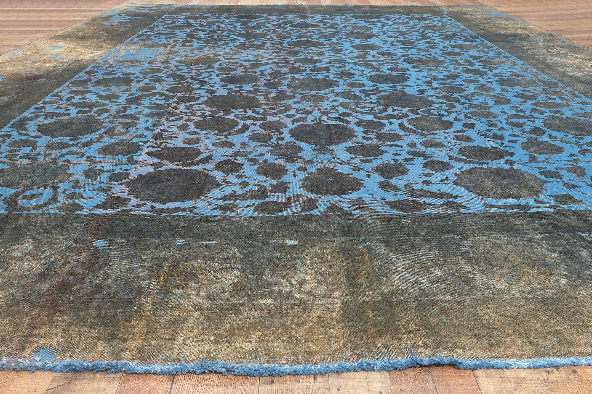 Hand-Carved Vintage Persian Blue Overdyed Rug with Eclectic Modern Charm For Sale 1