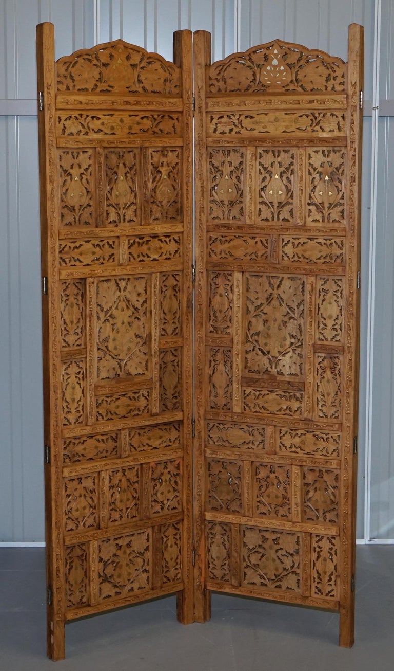 Hand Carved Vintage Solid Teak Folding Screen Room Divider Brass Inlaid