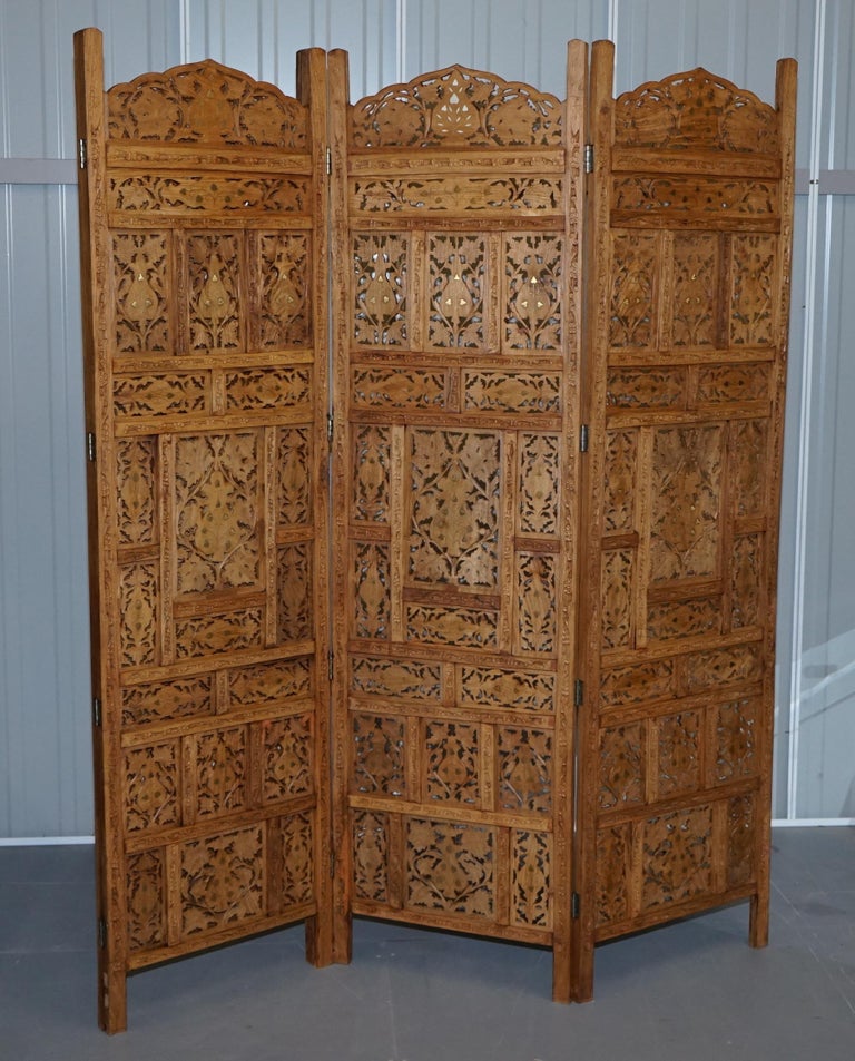 Hand Carved Vintage Solid Teak Folding Screen Room Divider Brass Inlaid