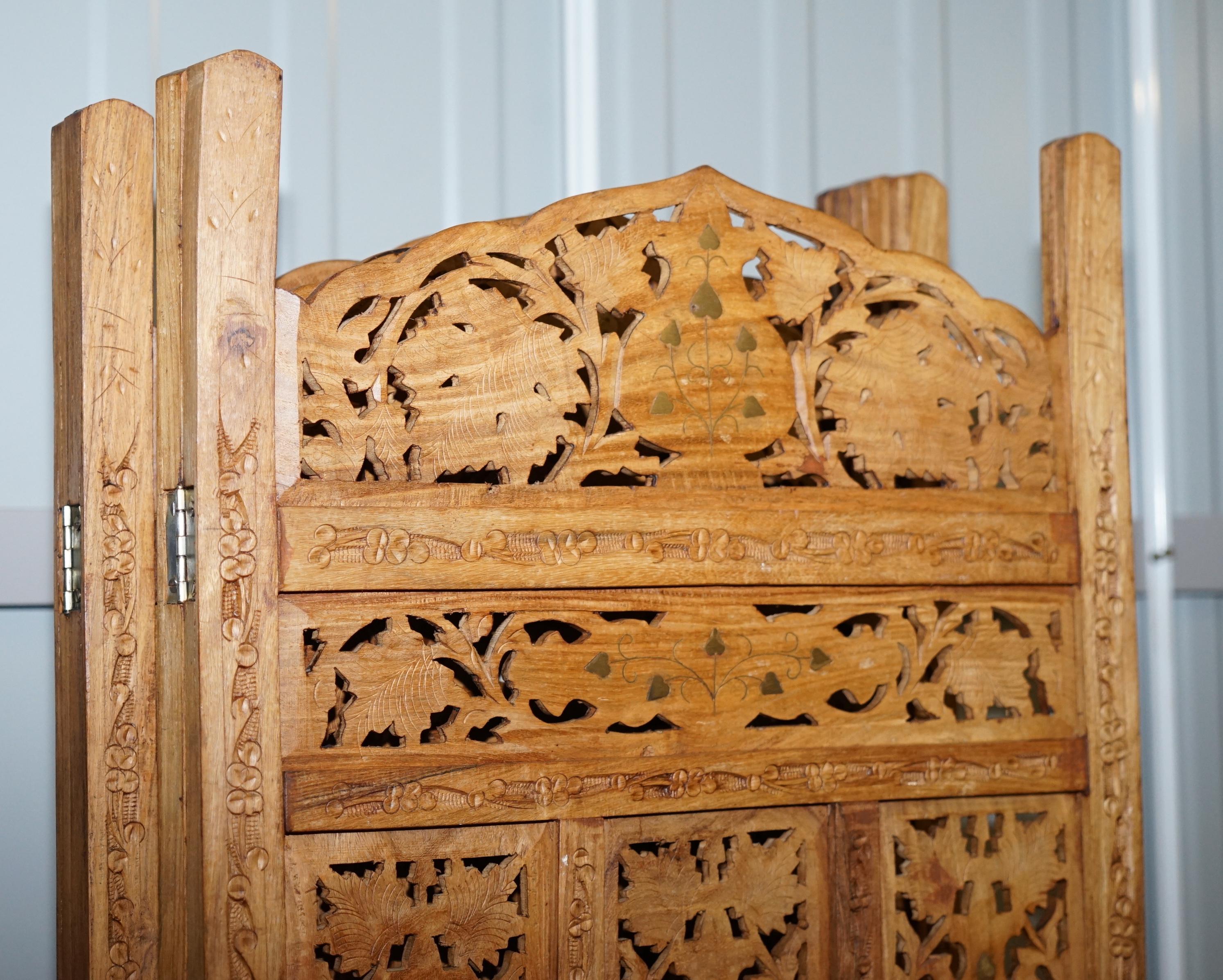 Hand Carved Vintage Solid Teak Folding Screen Room Divider Brass Inlaid Detail 4