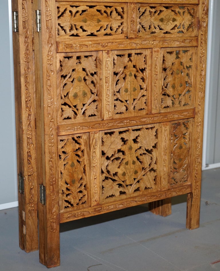 Hand Carved Vintage Solid Teak Folding Screen Room Divider Brass Inlaid