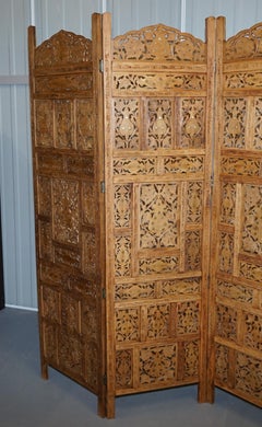 Hand Carved Vintage Solid Teak Folding Screen Room Divider Brass Inlaid Detail