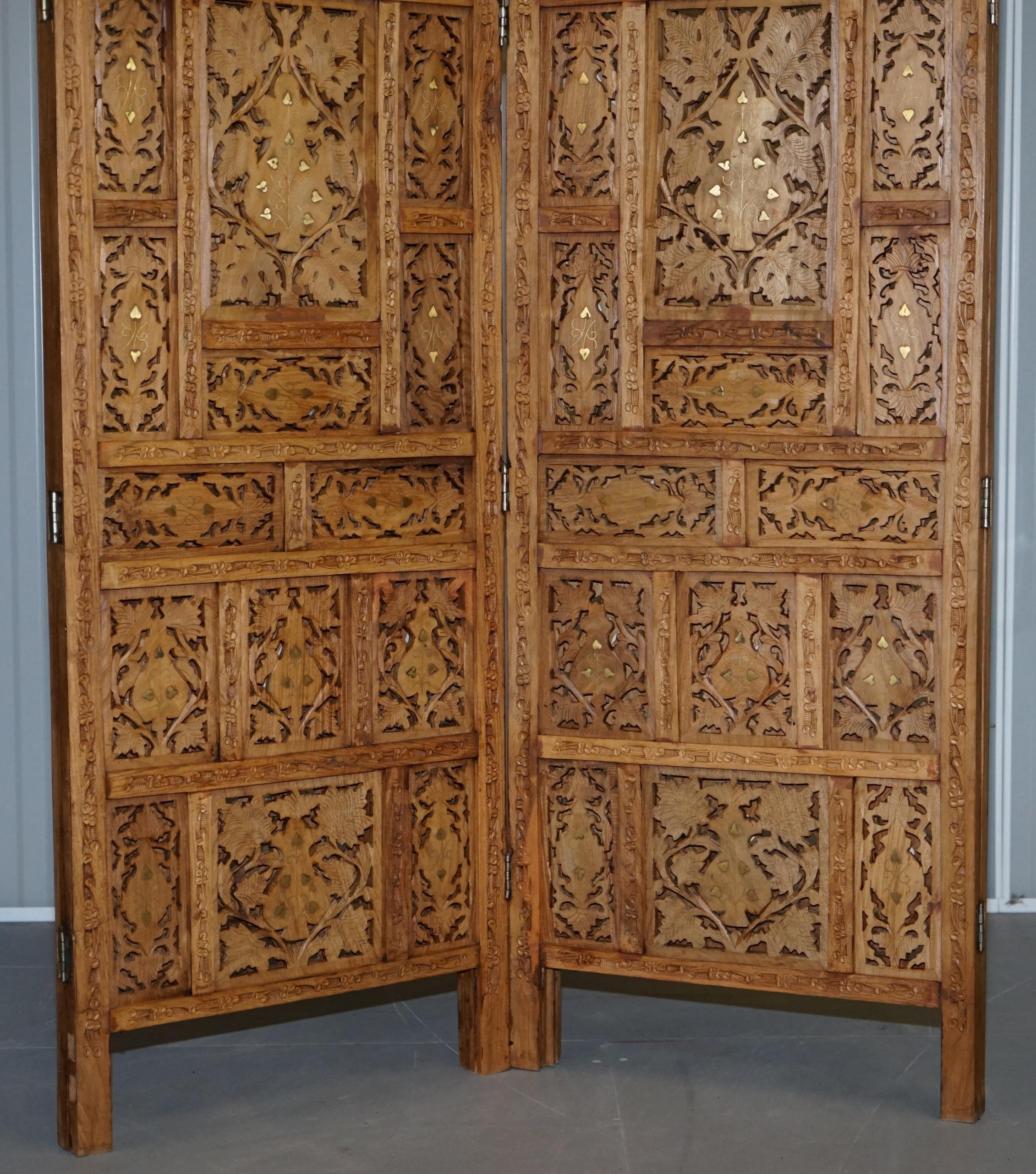 20th Century Hand Carved Vintage Solid Teak Folding Screen Room Divider Brass Inlaid Detail