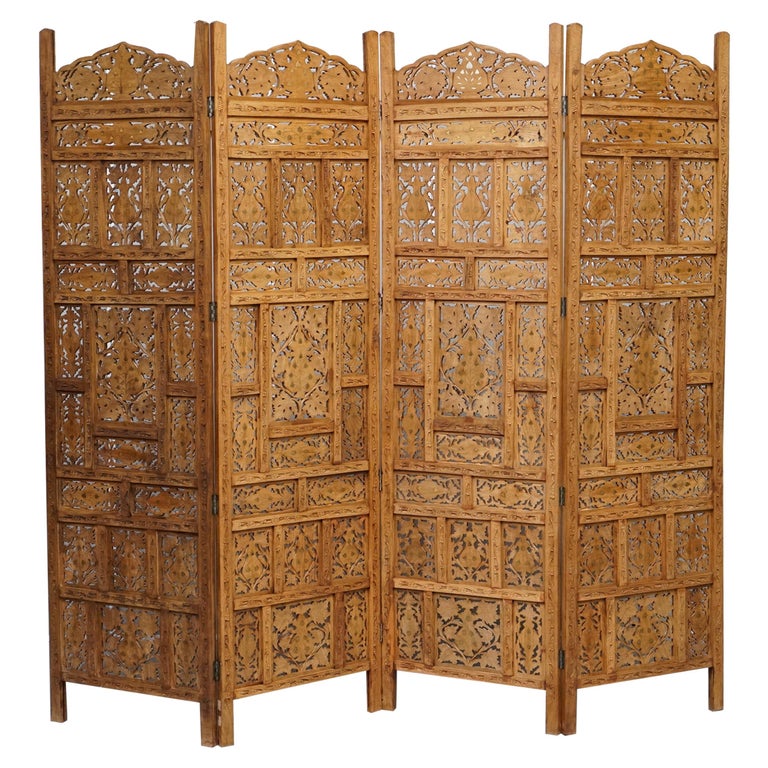 Hand Carved Vintage Solid Teak Folding Screen Room Divider Brass Inlaid Detail For Sale At 1stdibs