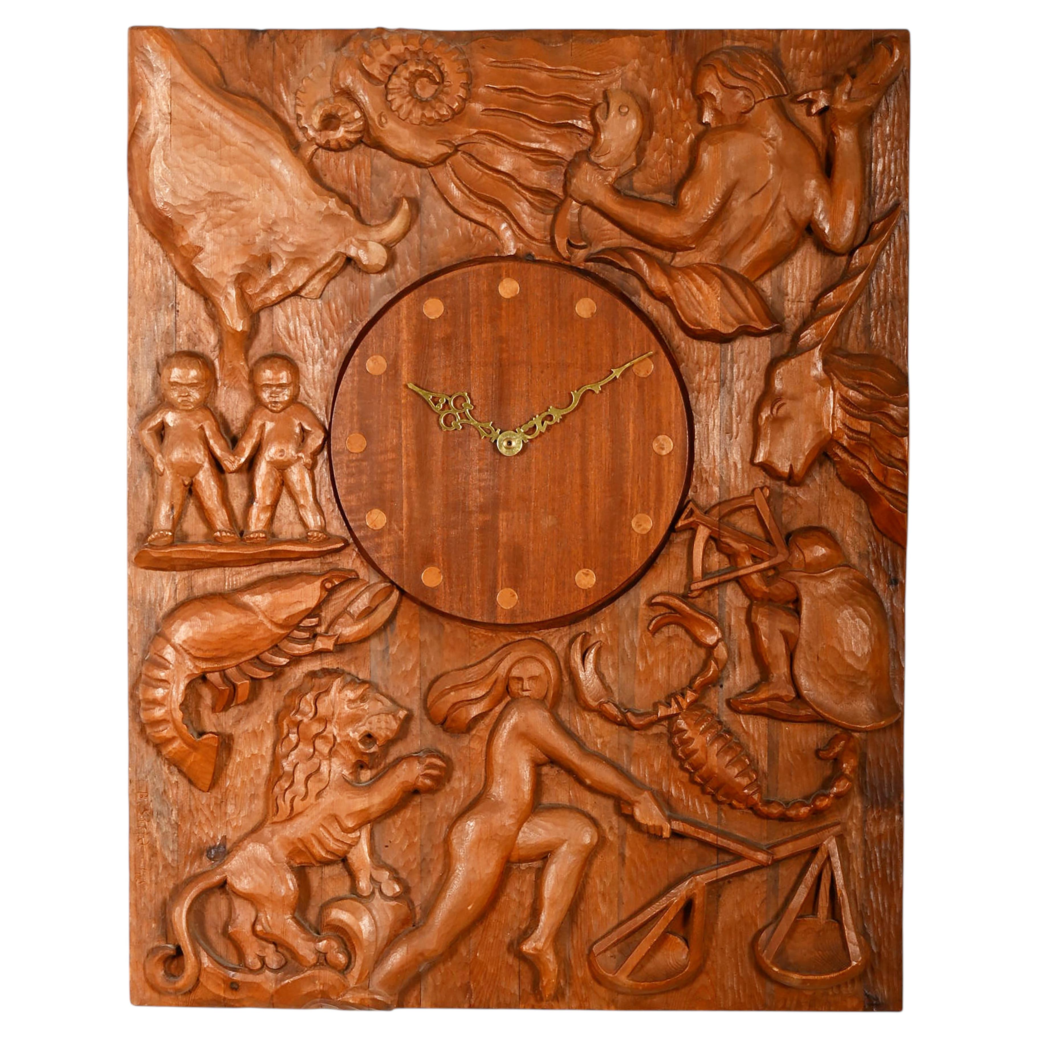 Hand-Carved Wall Clock Signed B. Strid, Västervik, 1945 For Sale