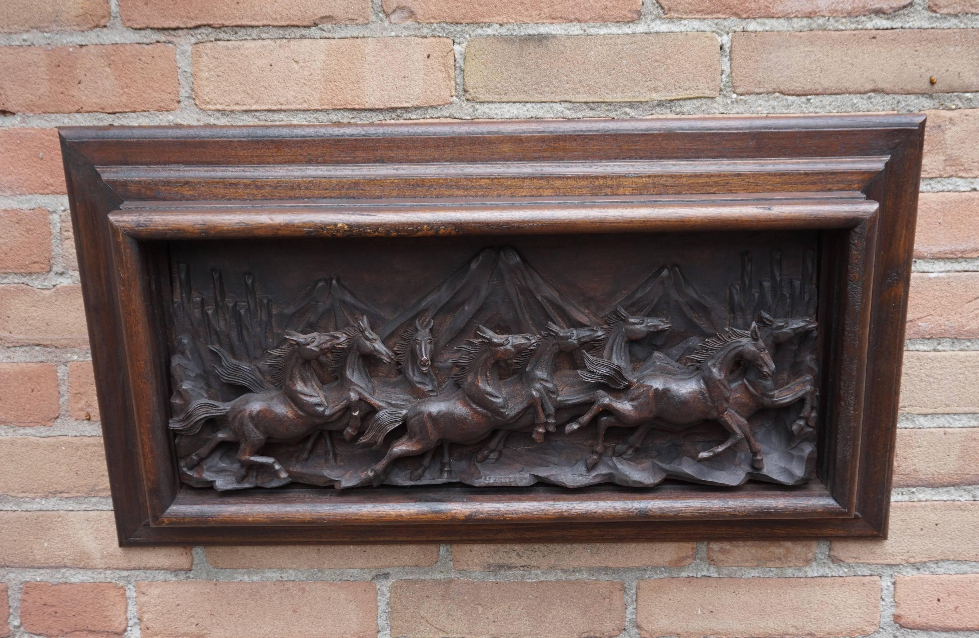 Hand-Carved Wall Plaque with Eight Wild Horses / Horse Sculptures in Deep Relief 4