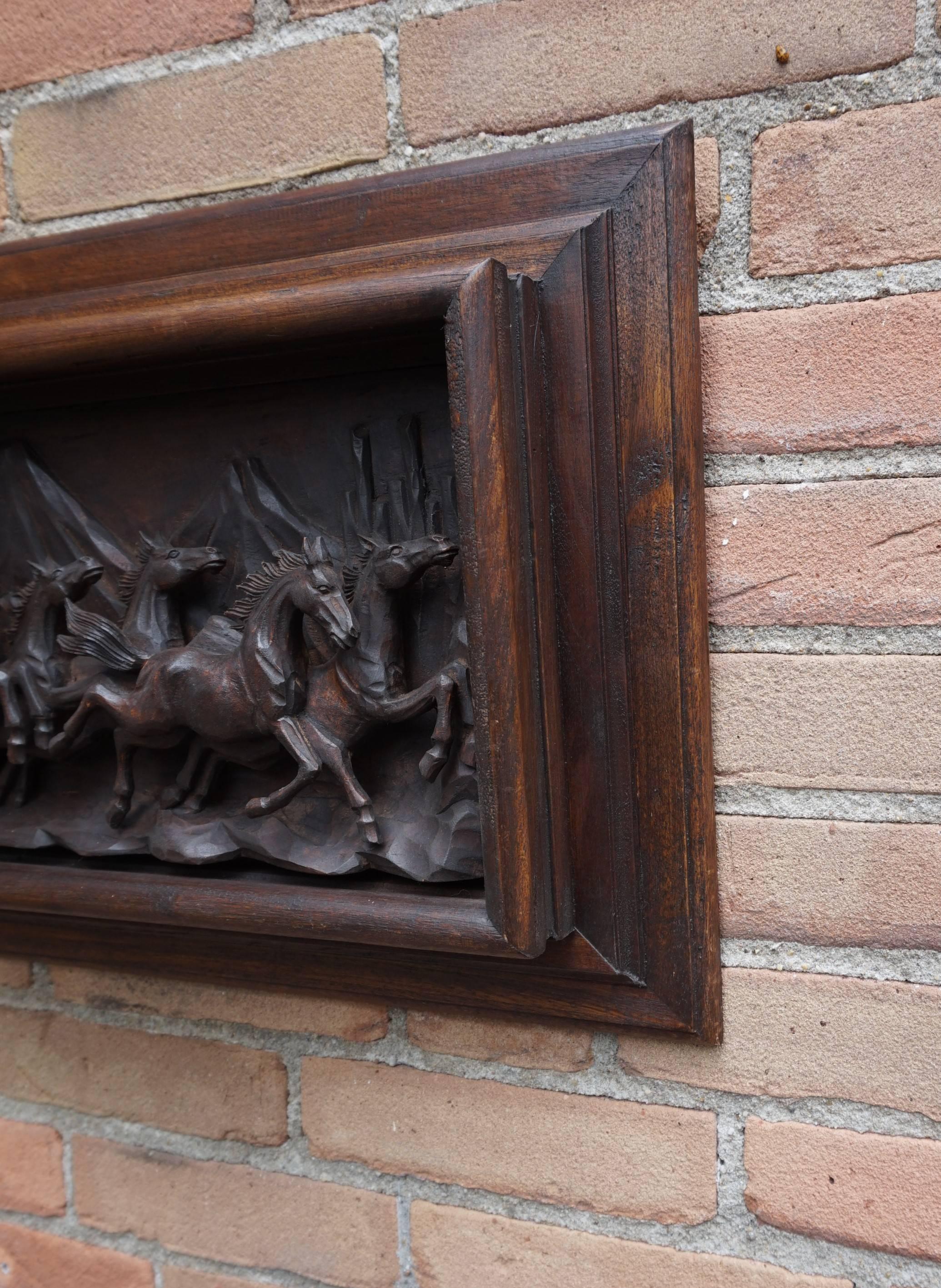 European Hand-Carved Wall Plaque with Eight Wild Horses / Horse Sculptures in Deep Relief