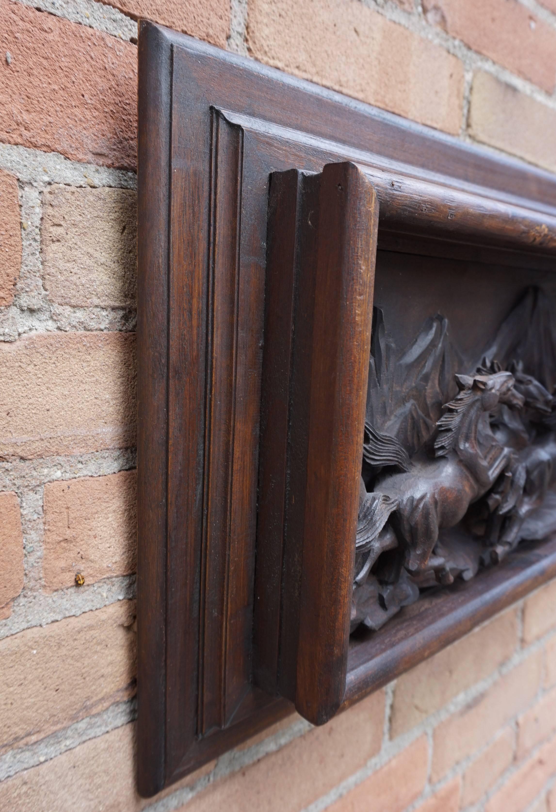 Hand-Carved Wall Plaque with Eight Wild Horses / Horse Sculptures in Deep Relief In Excellent Condition In Lisse, NL