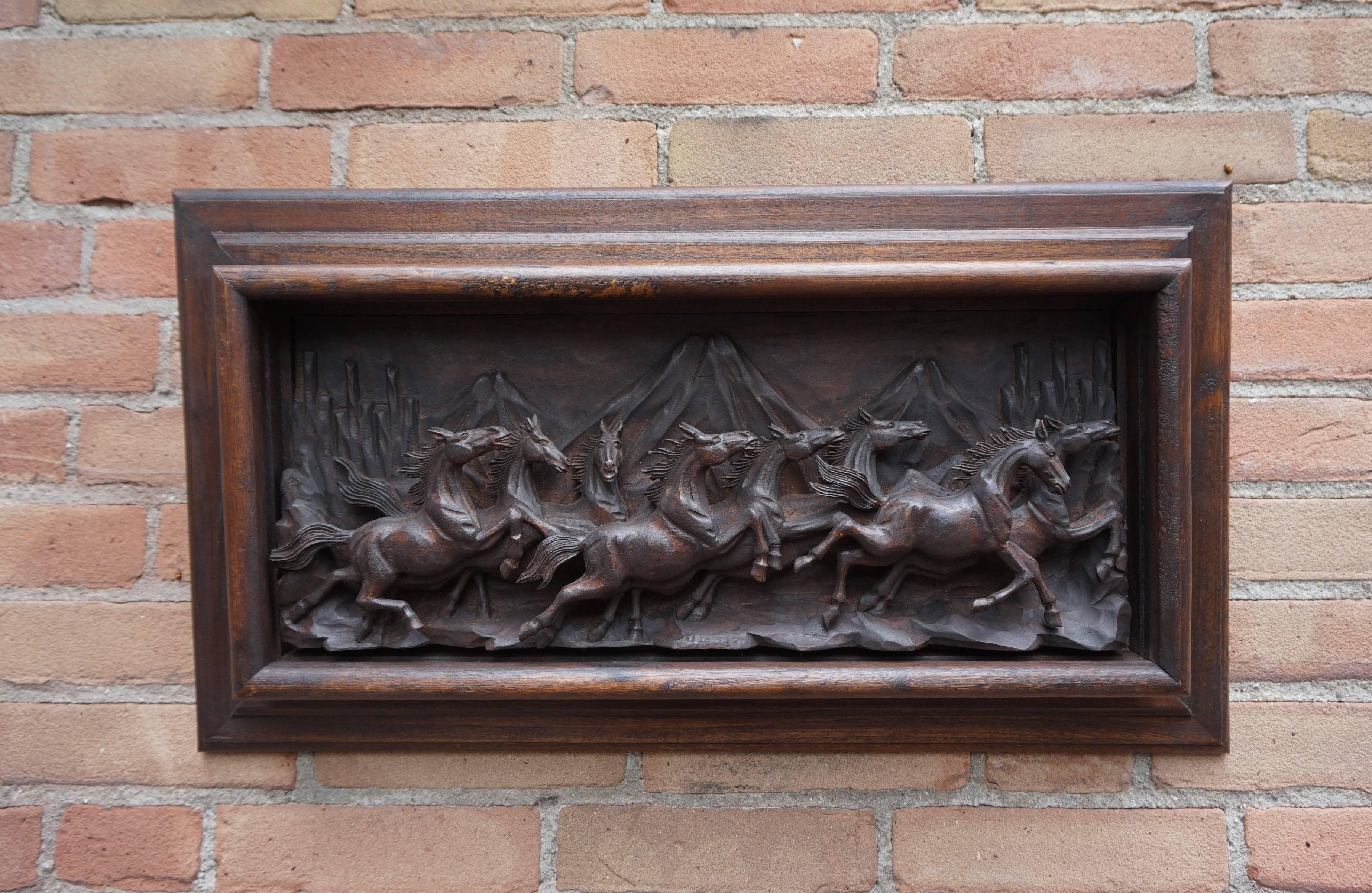 20th Century Hand-Carved Wall Plaque with Eight Wild Horses / Horse Sculptures in Deep Relief