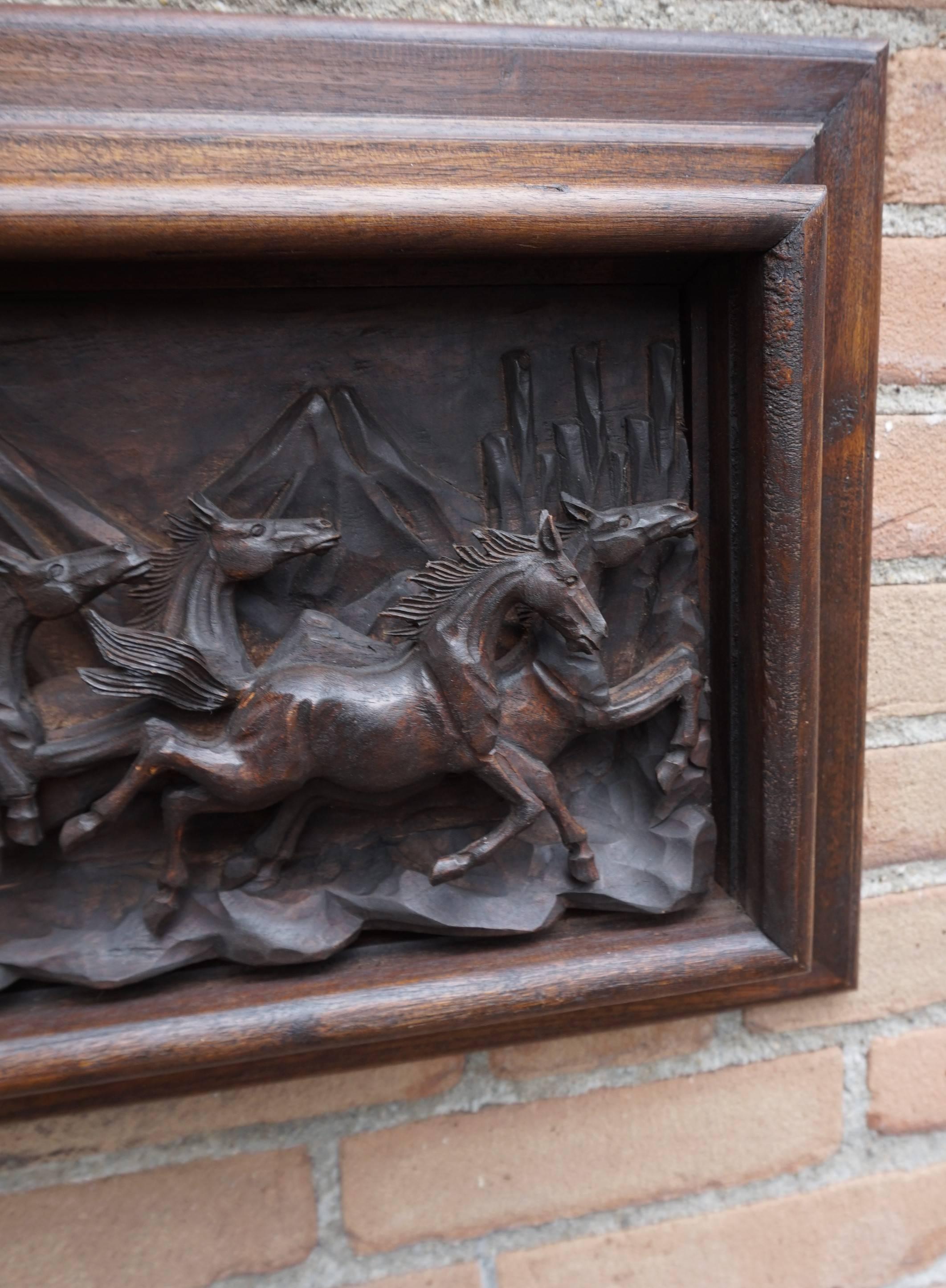 Teak Hand-Carved Wall Plaque with Eight Wild Horses / Horse Sculptures in Deep Relief