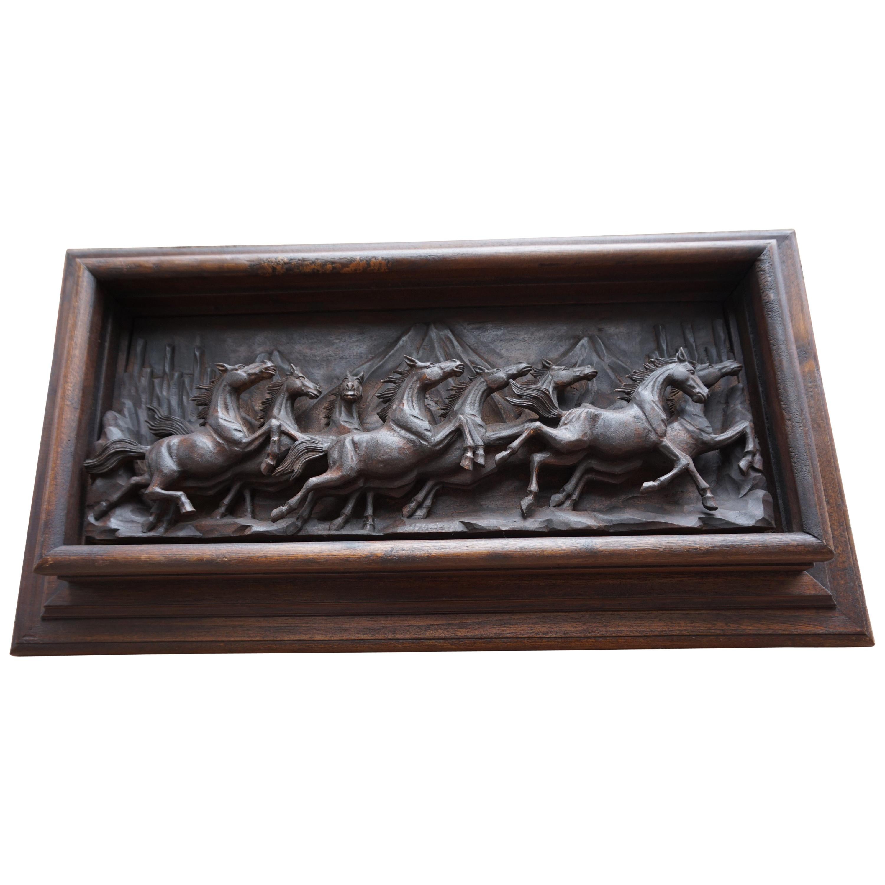 Hand-Carved Wall Plaque with Eight Wild Horses / Horse Sculptures in Deep Relief