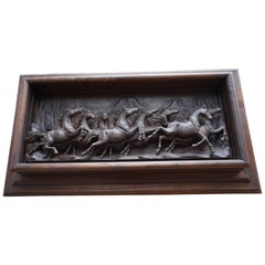 Hand-Carved Wall Plaque with Eight Wild Horses / Horse Sculptures in Deep Relief