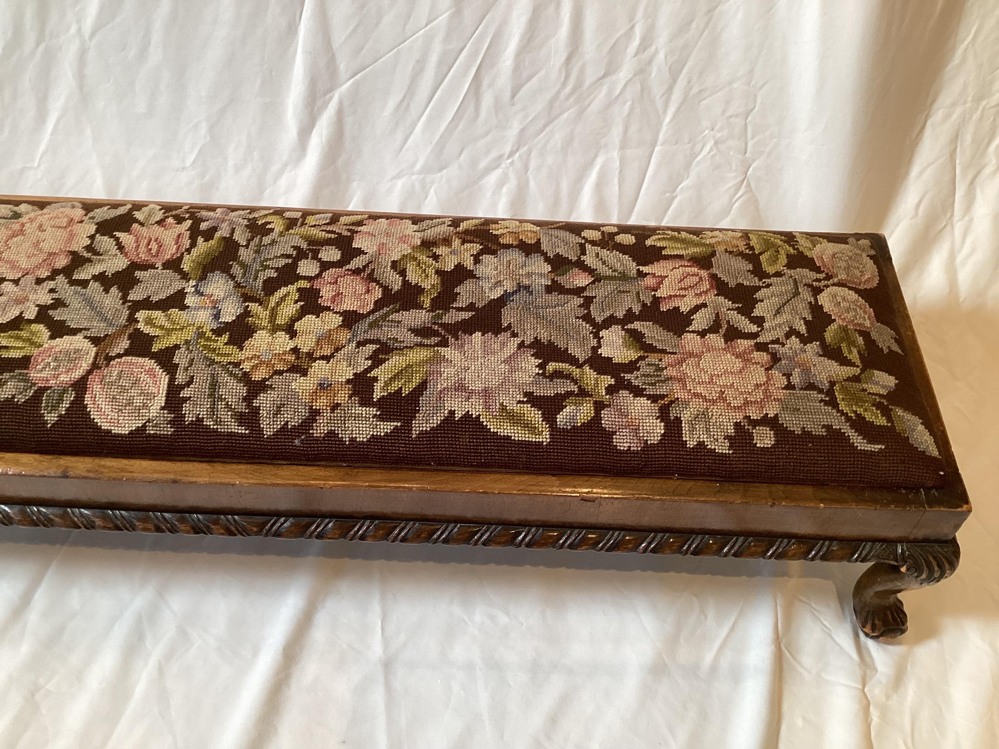 American Hand Carved Walnut and Needlepoint Bench For Sale