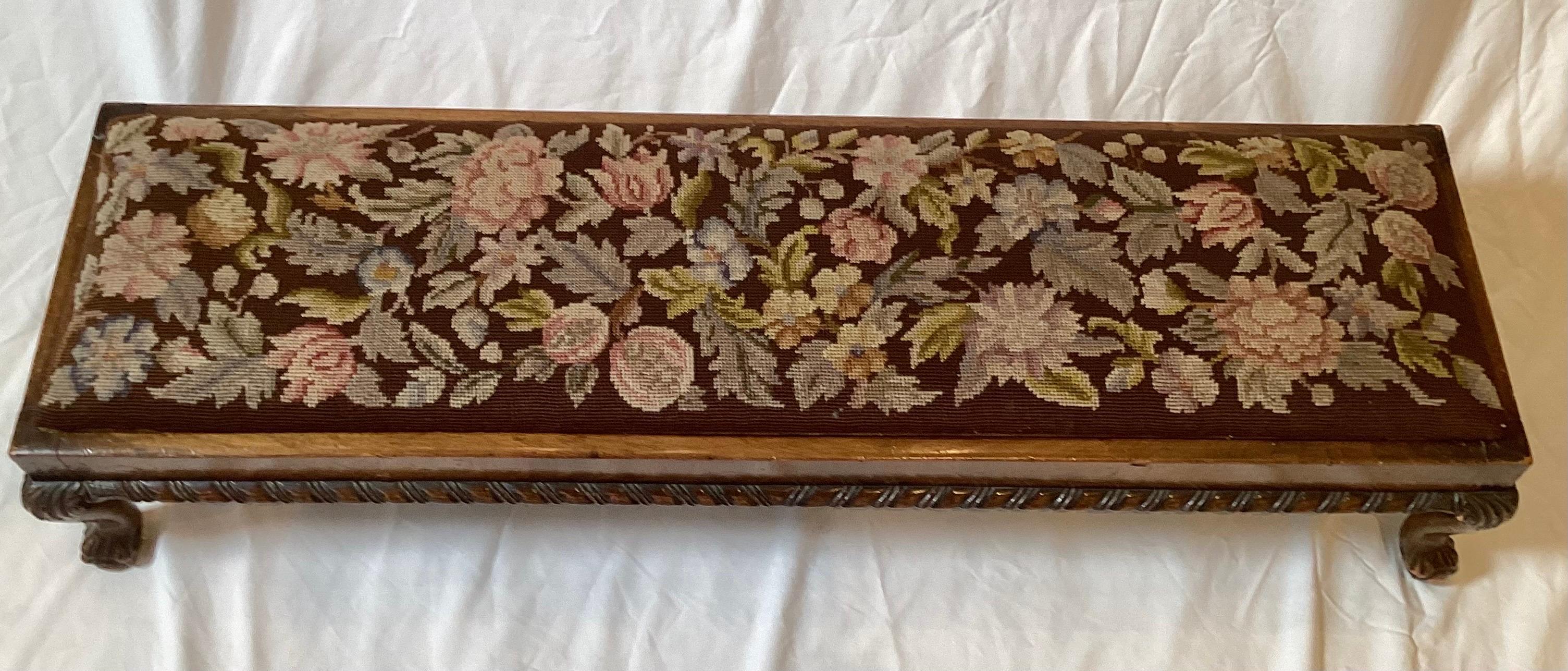 Hand Carved Walnut and Needlepoint Bench In Good Condition For Sale In Lambertville, NJ