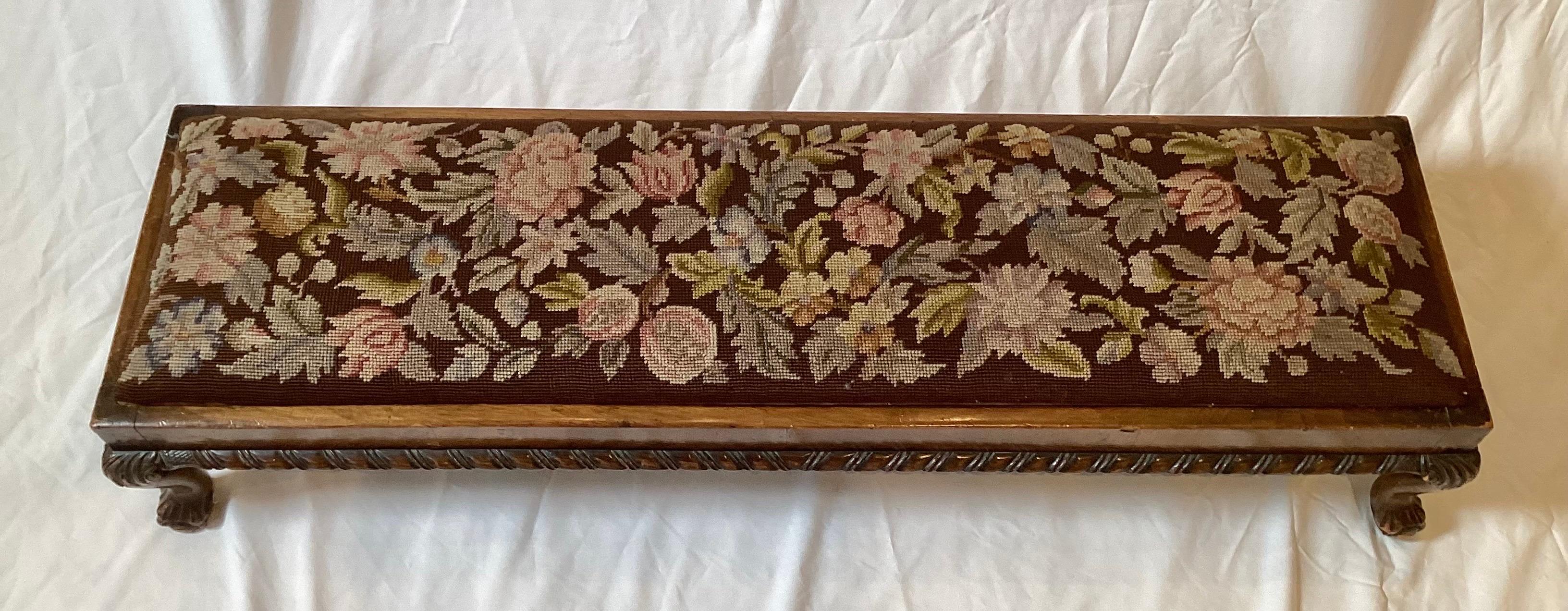 Late 19th Century Hand Carved Walnut and Needlepoint Bench For Sale